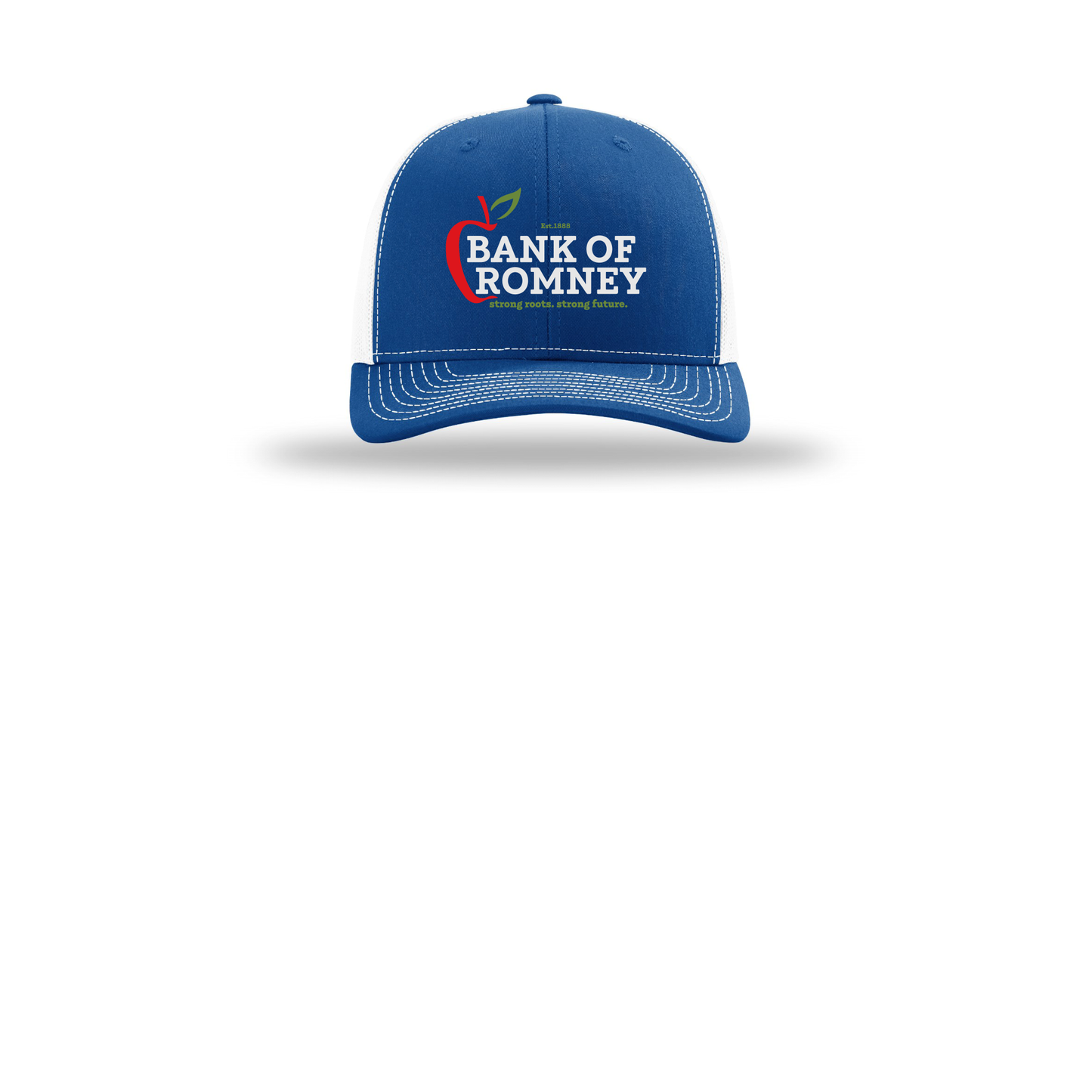 bankofromney-richardson-trucker-cap-embroidery-capfront-R112-royalwhite-flat-front