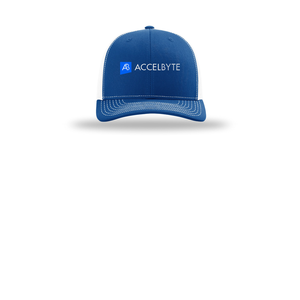 accelbyte-richardson-trucker-cap-embroidery-capfront-R112-royalwhite-flat-front