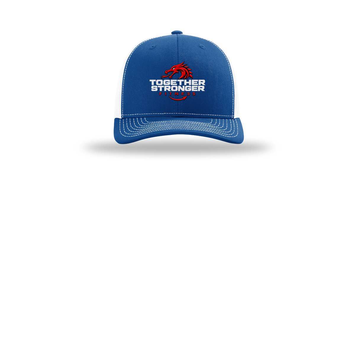 togetherstrongerfitness-richardson-trucker-cap-embroidery-capfront-R112-royalwhite-flat-front