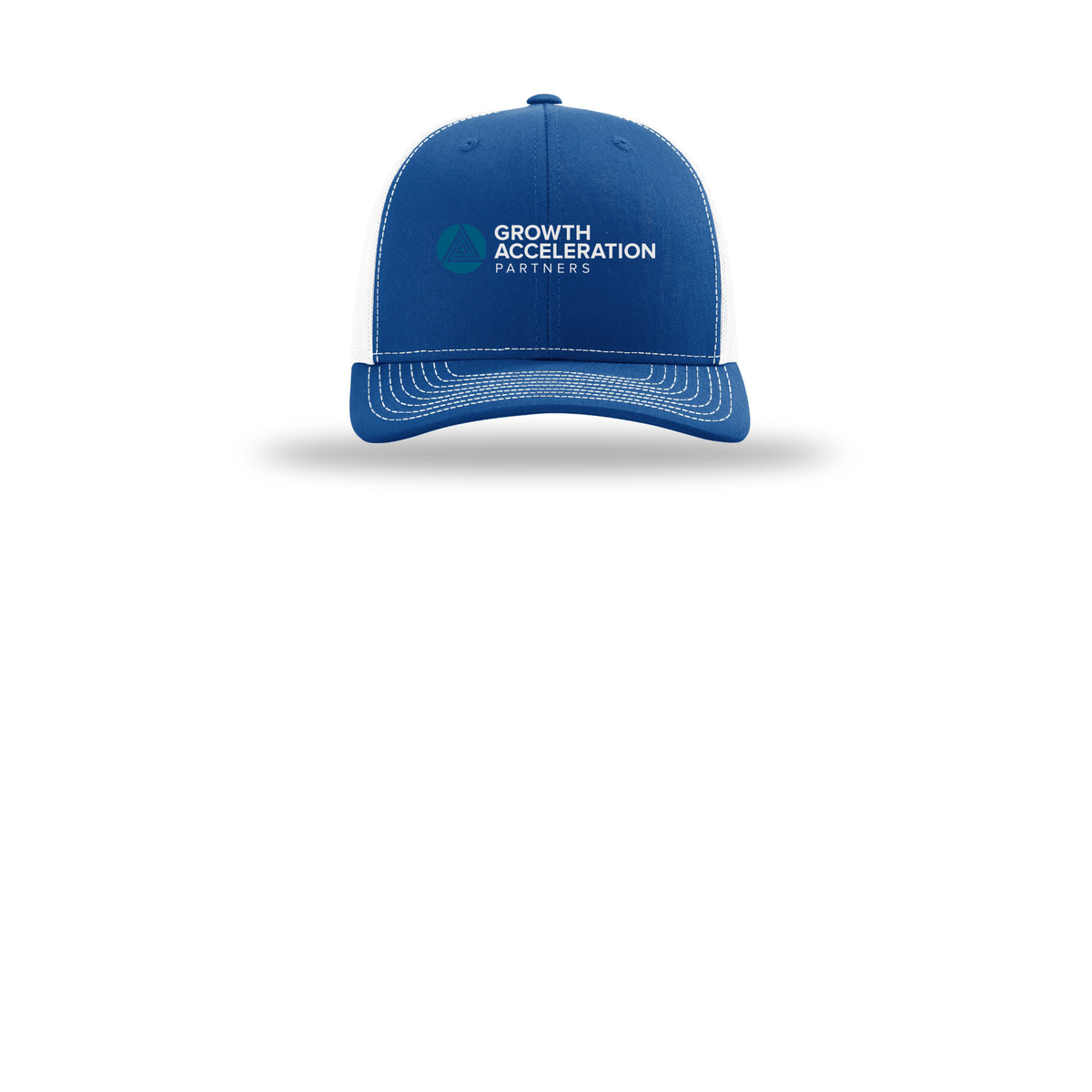 growthaccelerationpartners-richardson-trucker-cap-embroidery-capfront-R112-royalwhite-flat-front