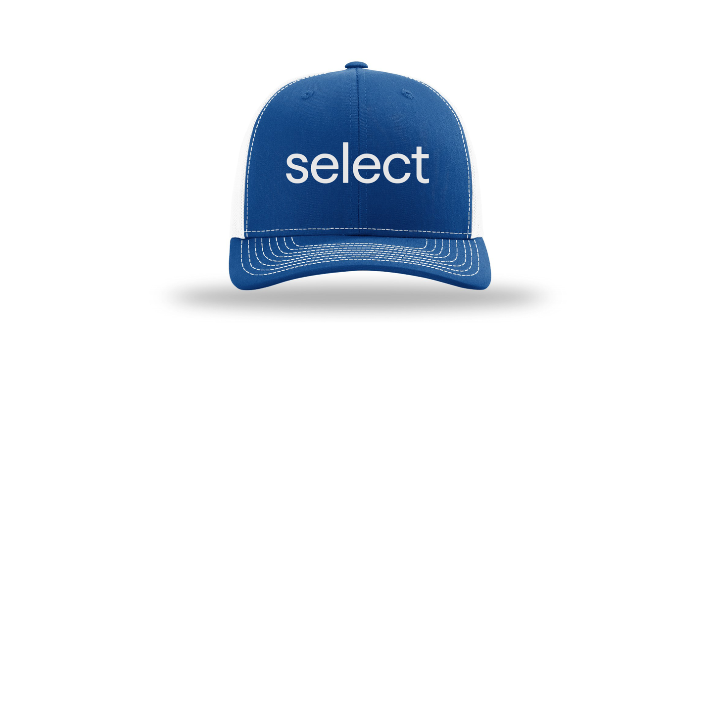 meetselect-richardson-trucker-cap-embroidery-capfront-R112-royalwhite-flat-front