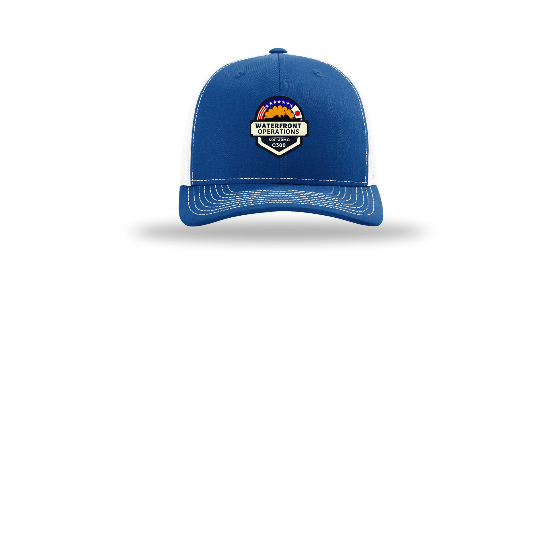 waterfront-operations-retro-trucker-cap-embroidery-capfront-R112-royalwhite-flat-front