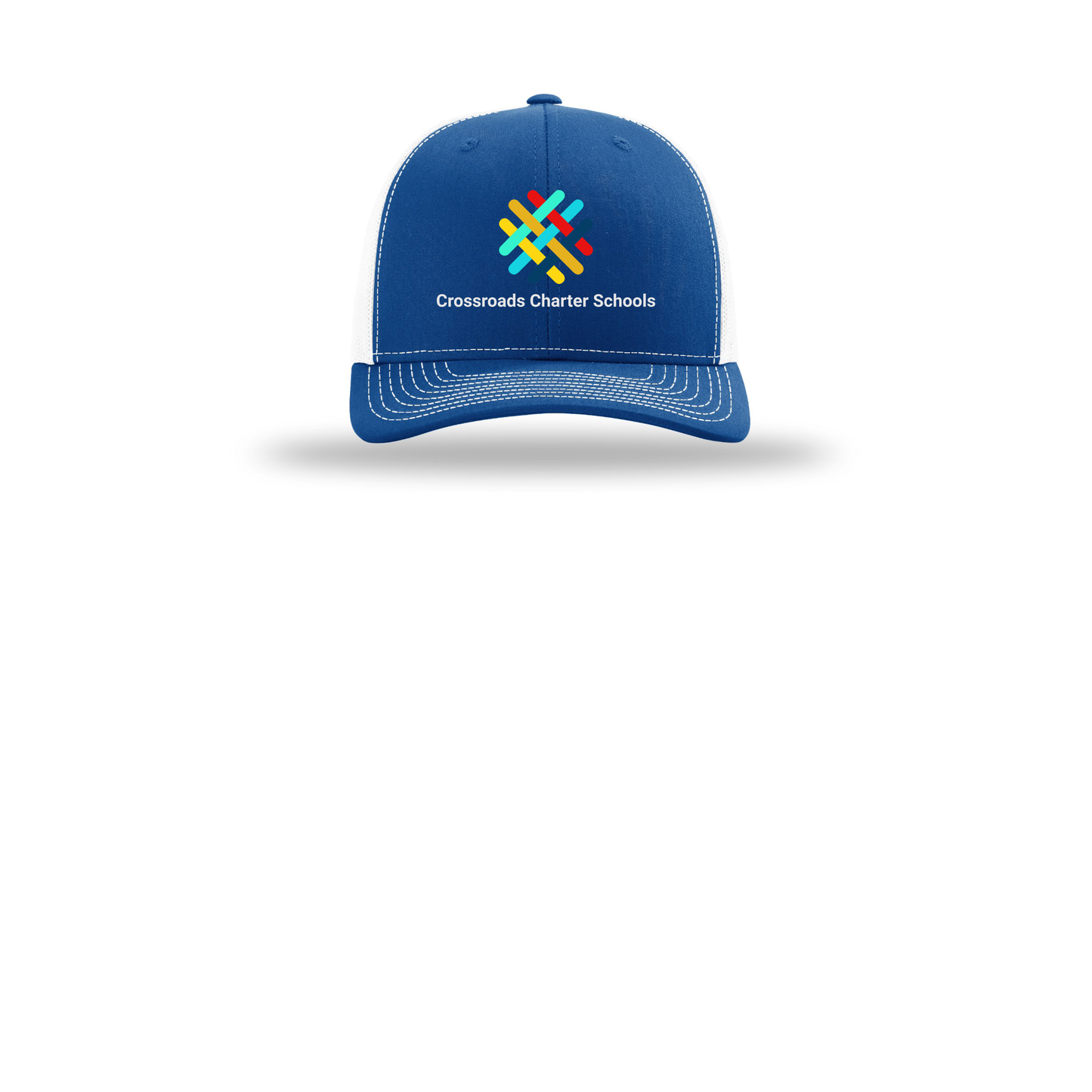 crossroadsschoolskc-richardson-trucker-cap-embroidery-capfront-R112-royalwhite-flat-front