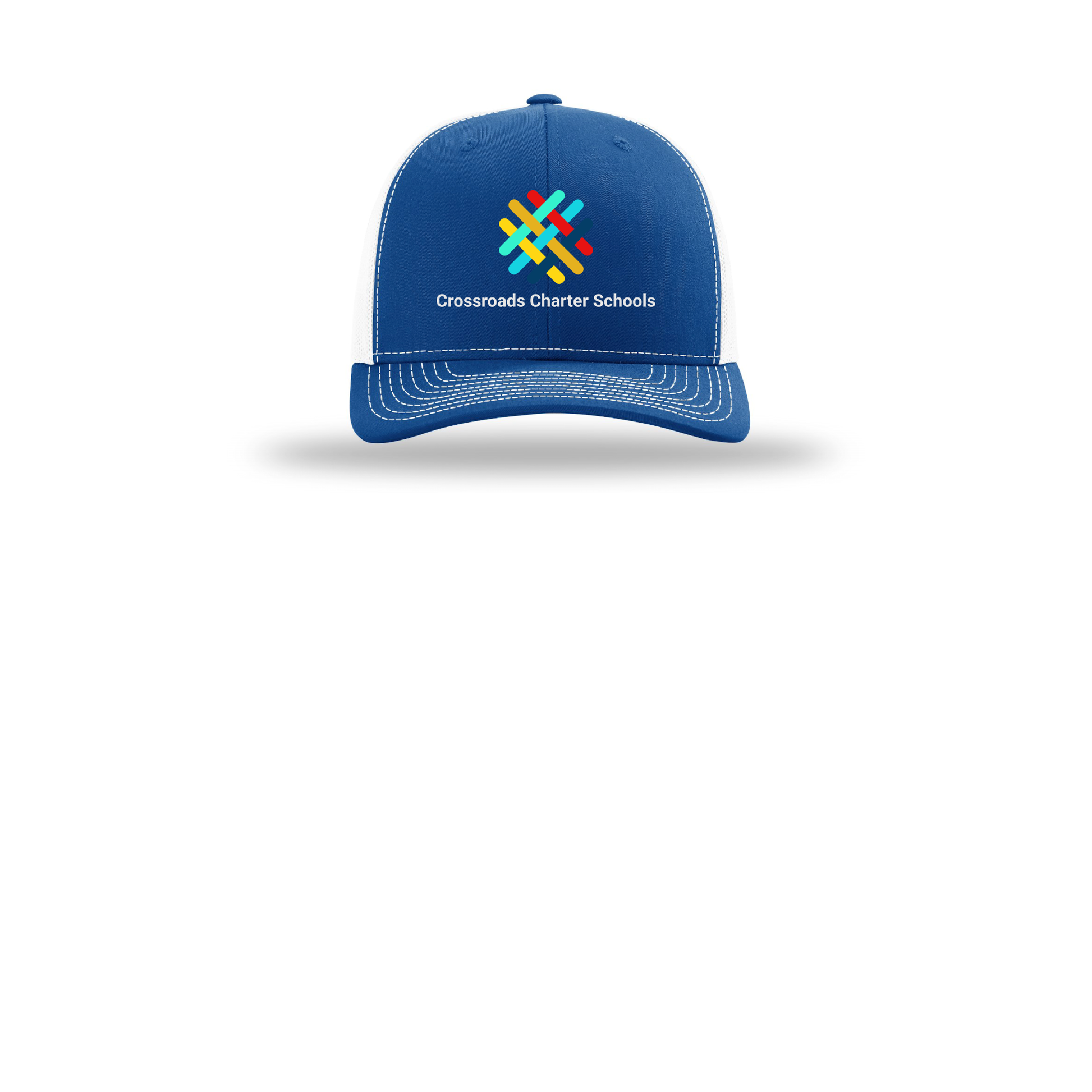 crossroadsschoolskc-richardson-trucker-cap-embroidery-capfront-R112-royalwhite-flat-front