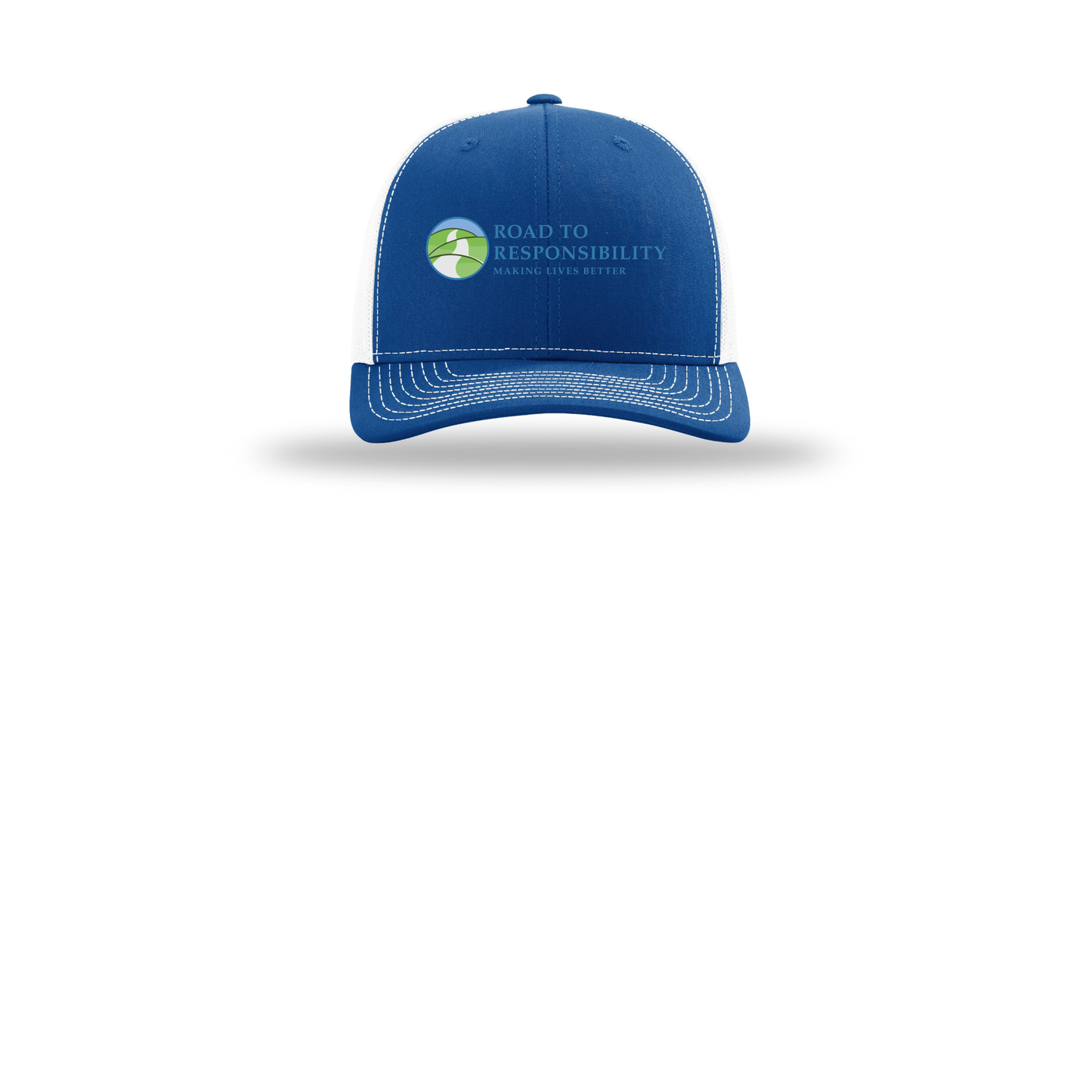 roadtoresponsibility-richardson-trucker-cap-embroidery-capfront-R112-royalwhite-flat-front