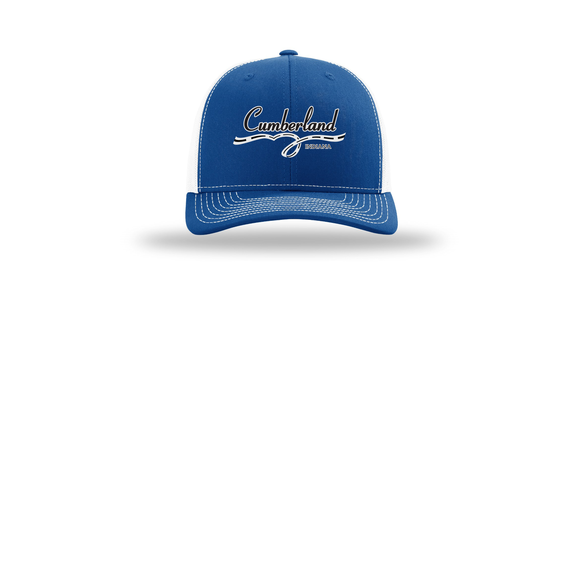 cumberland-richardson-trucker-cap-embroidery-capfront-R112-royalwhite-flat-front