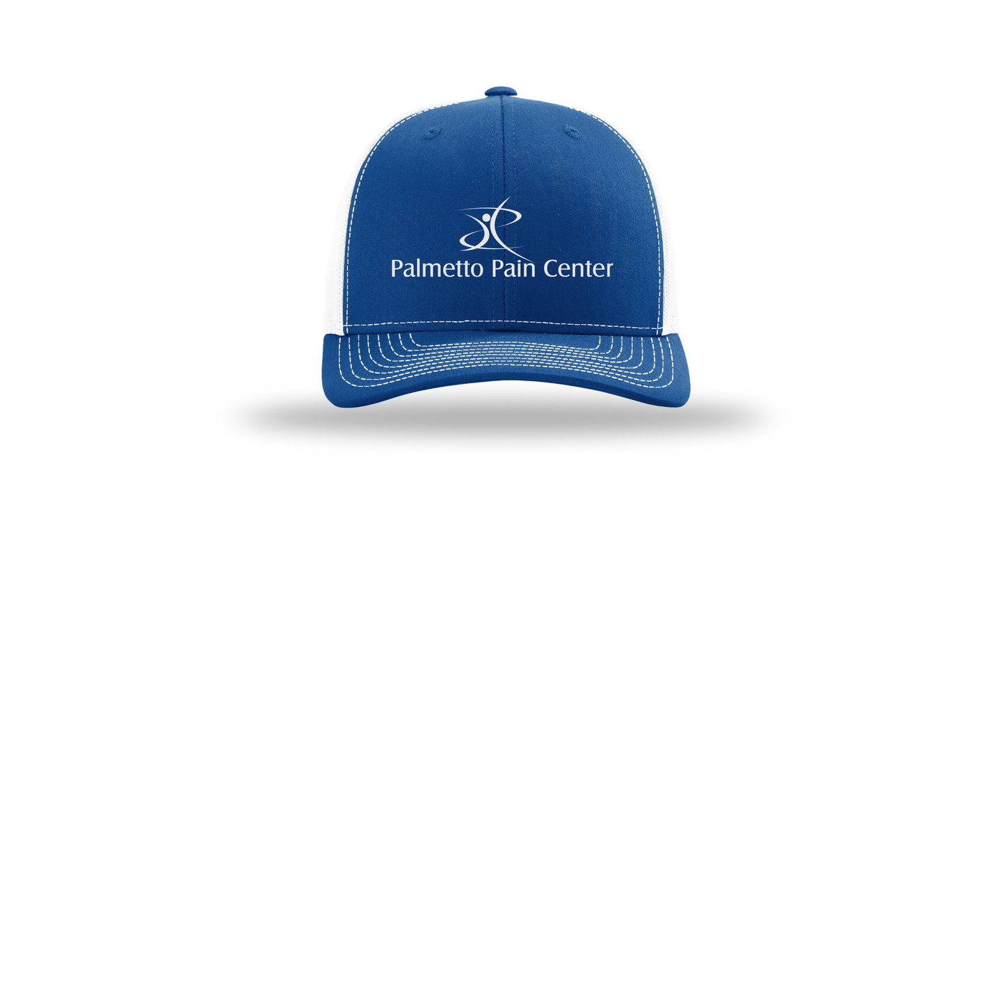 palmetto-pain-center-richardson-trucker-cap-embroidery-capfront-R112-royalwhite-flat-front
