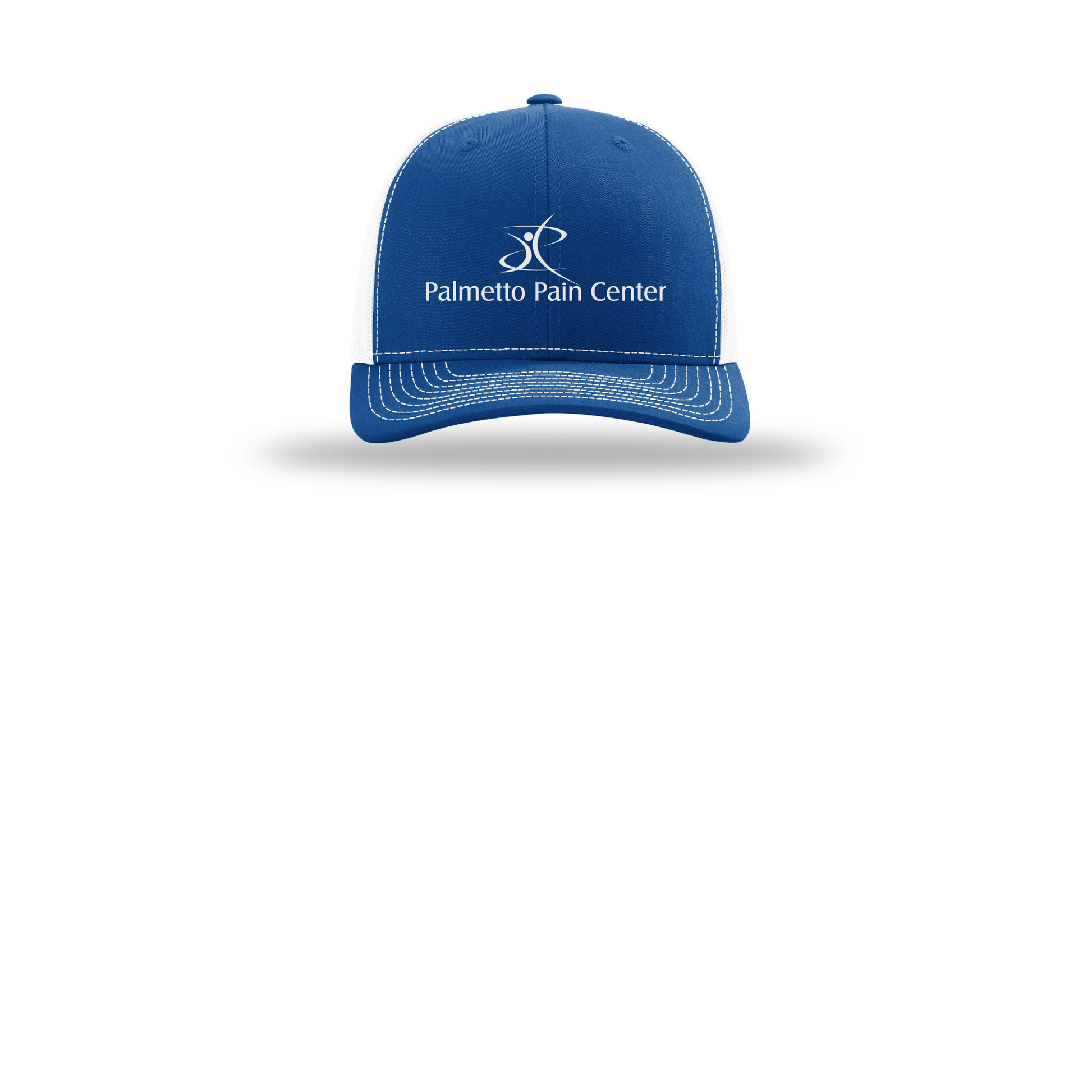 palmetto-pain-center-richardson-trucker-cap-embroidery-capfront-R112-royalwhite-flat-front