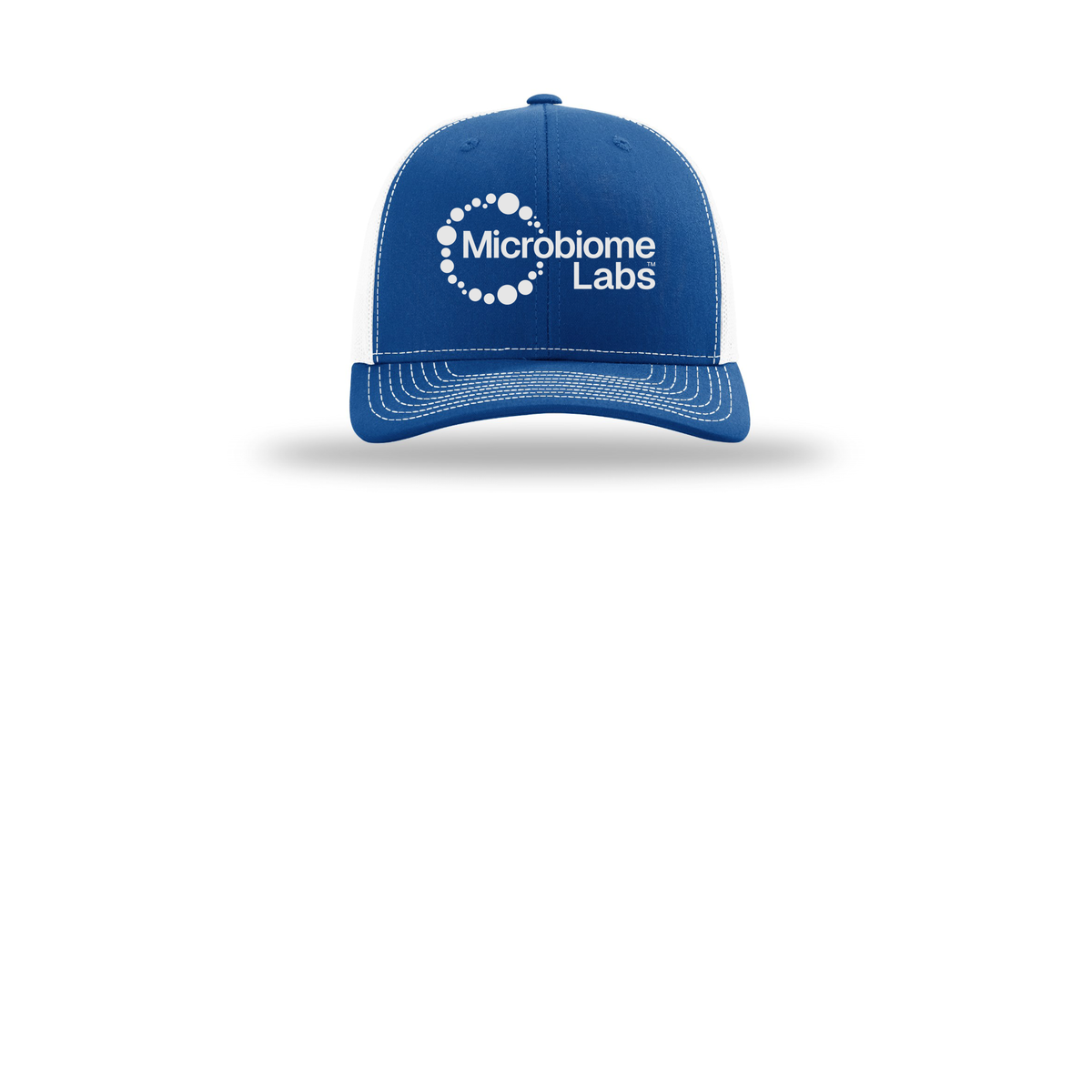microbiomelabs-richardson-trucker-cap-embroidery-capfront-R112-royalwhite-flat-front