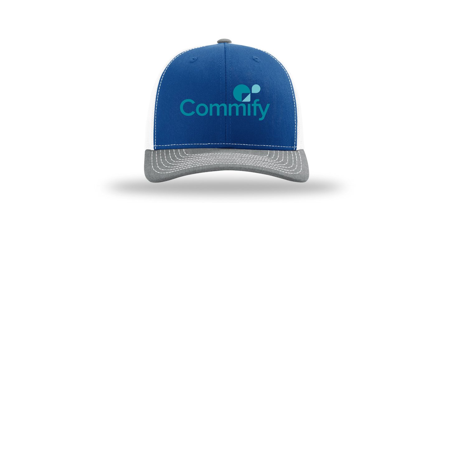 commify-richardson-trucker-cap-embroidery-capfront-R112-royalwhiteheathergrey-flat-front