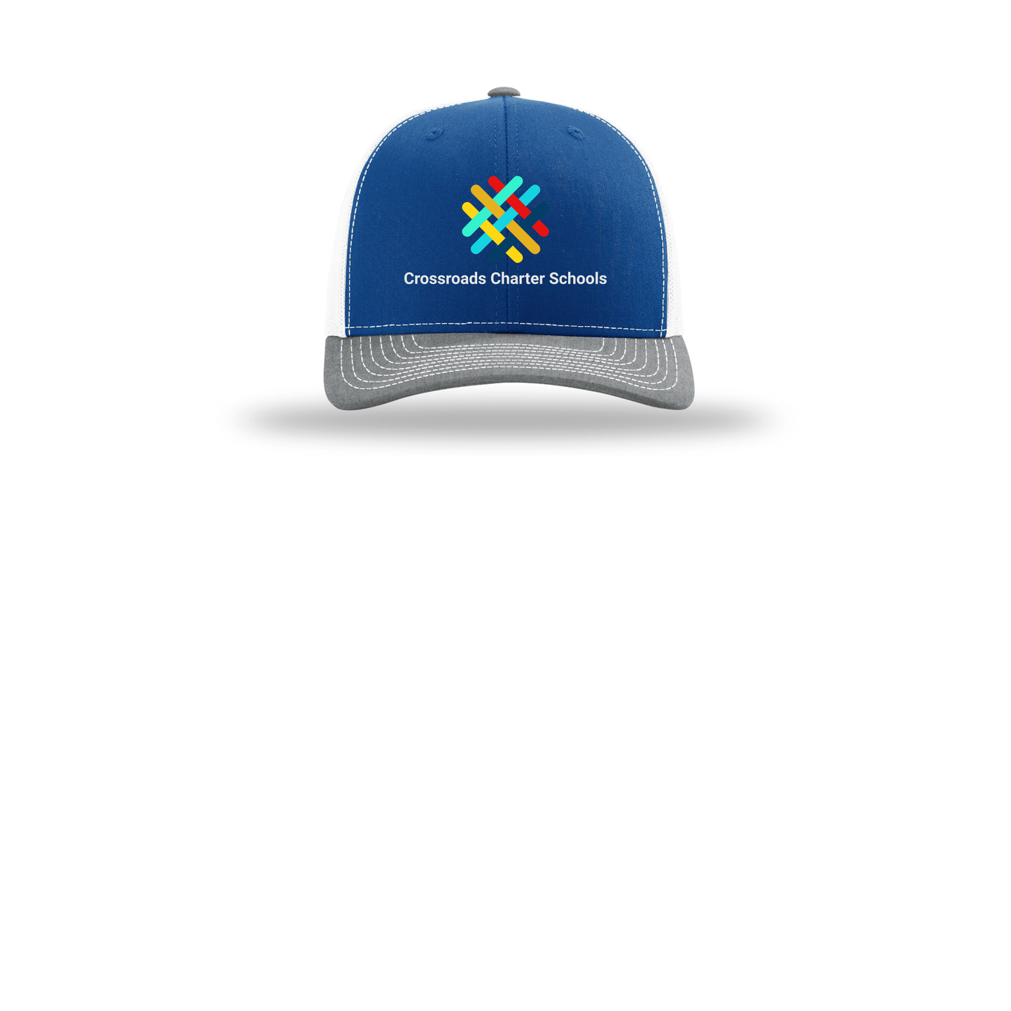 crossroadsschoolskc-richardson-trucker-cap-embroidery-capfront-R112-royalwhiteheathergrey-flat-front