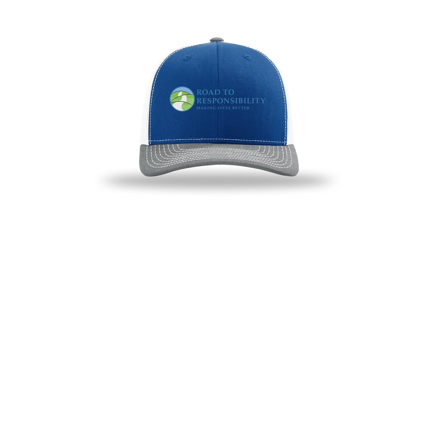 roadtoresponsibility-richardson-trucker-cap-embroidery-capfront-R112-royalwhiteheathergrey-flat-front