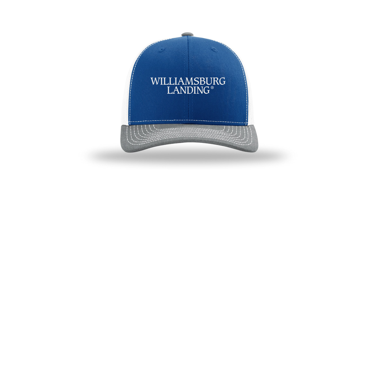 williamsburglanding-richardson-trucker-cap-embroidery-capfront-R112-royalwhiteheathergrey-flat-front
