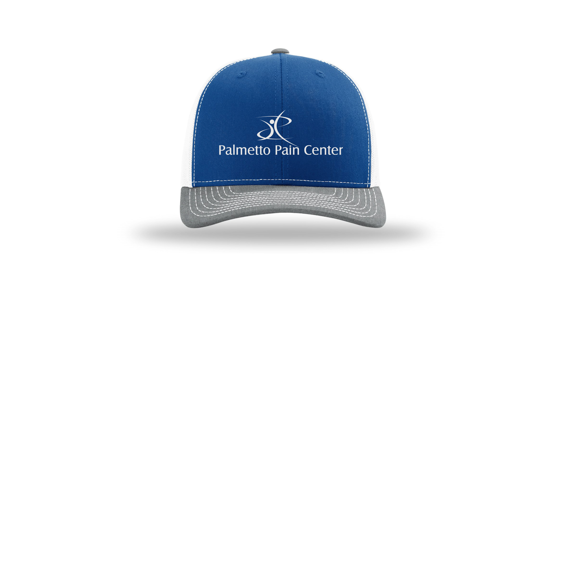 palmetto-pain-center-richardson-trucker-cap-embroidery-capfront-R112-royalwhiteheathergrey-flat-front