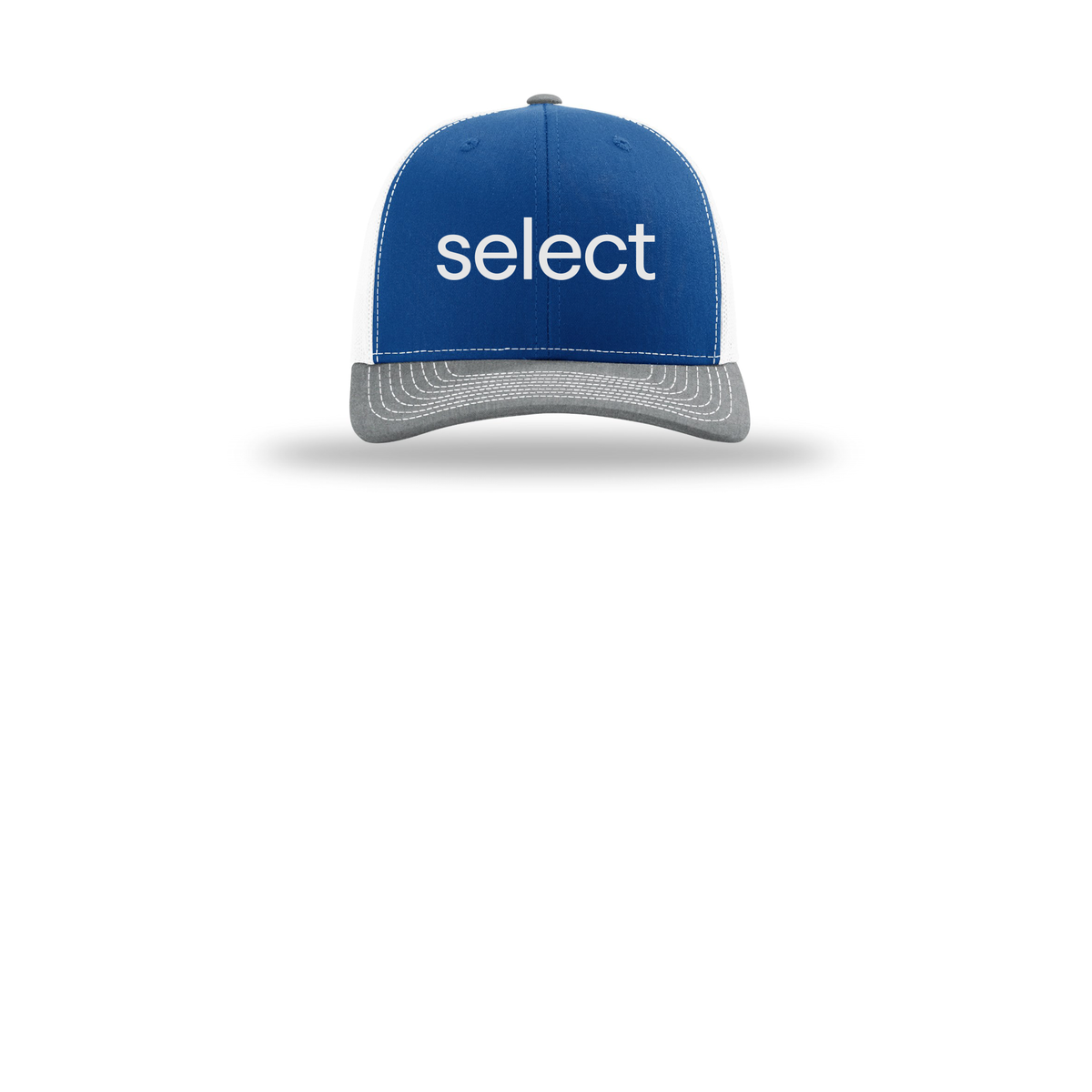 meetselect-richardson-trucker-cap-embroidery-capfront-R112-royalwhiteheathergrey-flat-front