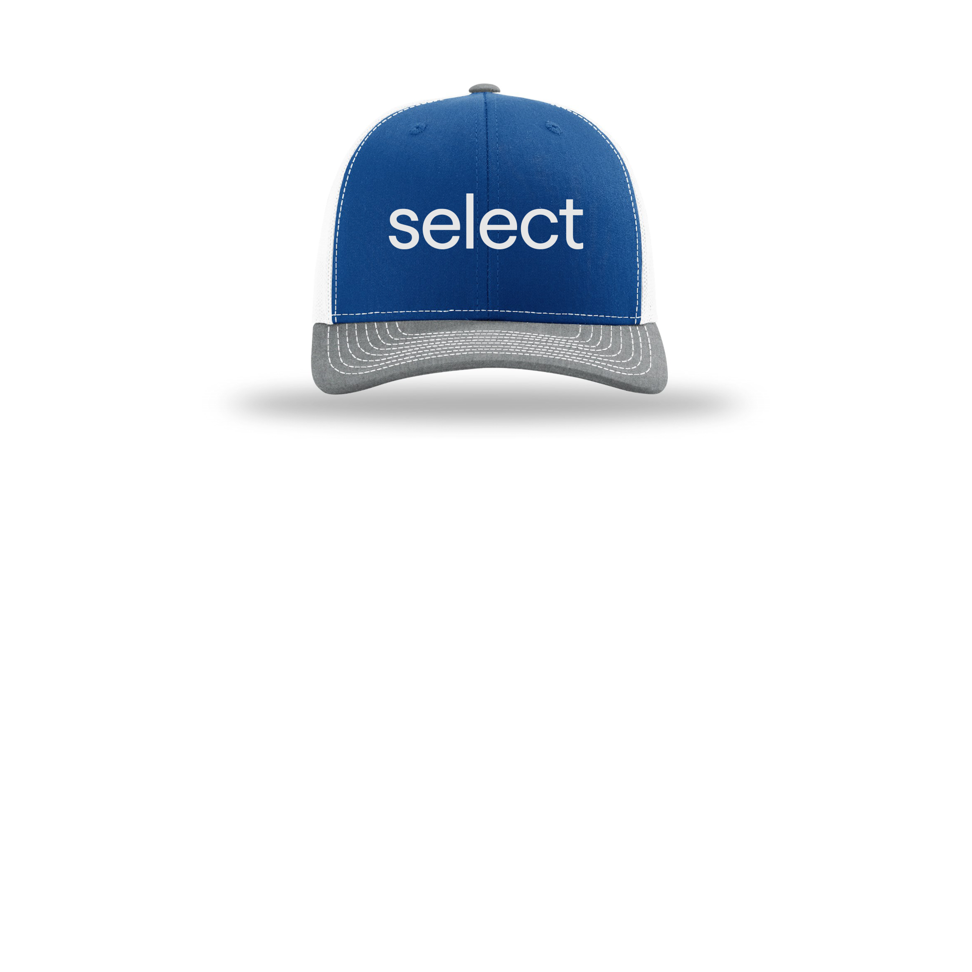 meetselect-richardson-trucker-cap-embroidery-capfront-R112-royalwhiteheathergrey-flat-front