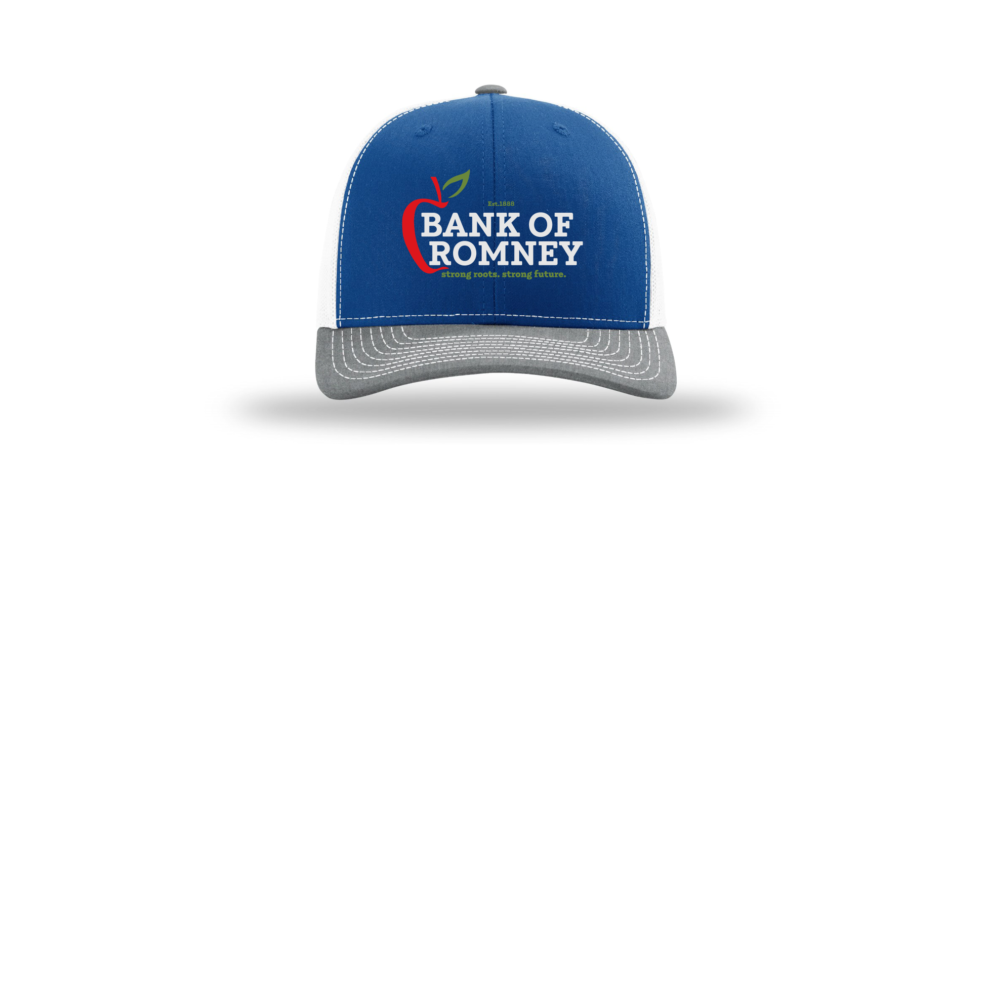 bankofromney-richardson-trucker-cap-embroidery-capfront-R112-royalwhiteheathergrey-flat-front