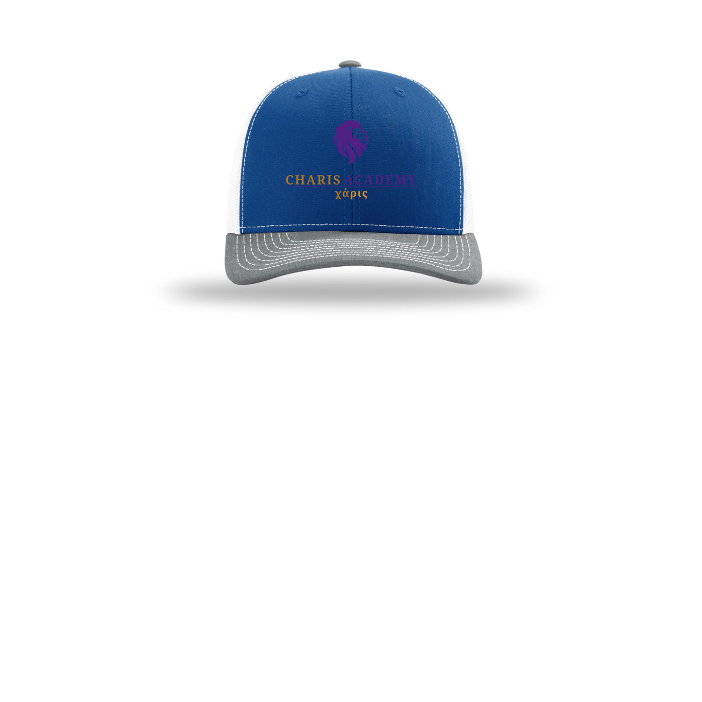 cahazleton-richardson-trucker-cap-embroidery-capfront-R112-royalwhiteheathergrey-flat-front