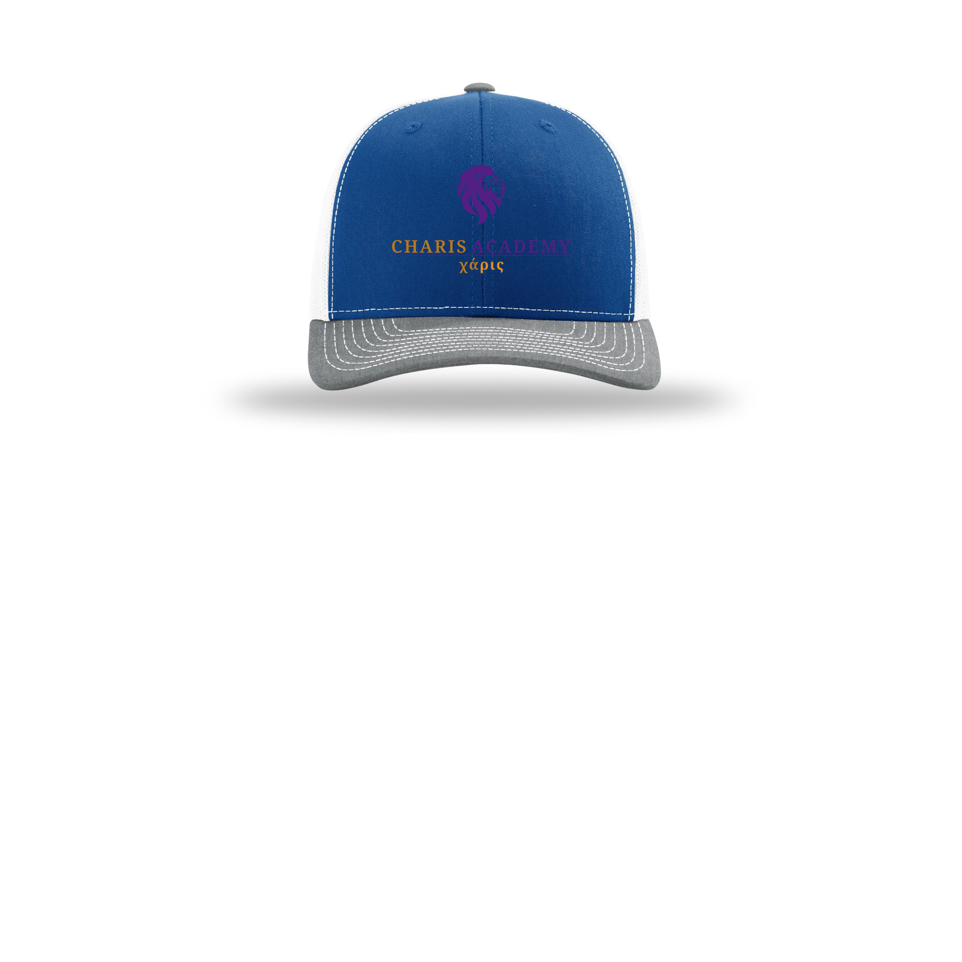 cahazleton-richardson-trucker-cap-embroidery-capfront-R112-royalwhiteheathergrey-flat-front
