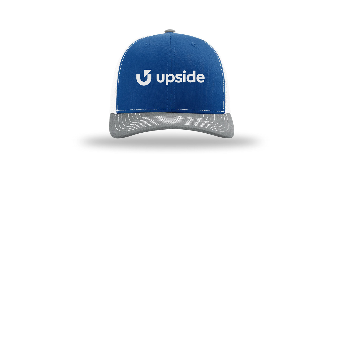 upside-richardson-trucker-cap-embroidery-capfront-R112-royalwhiteheathergrey-flat-front