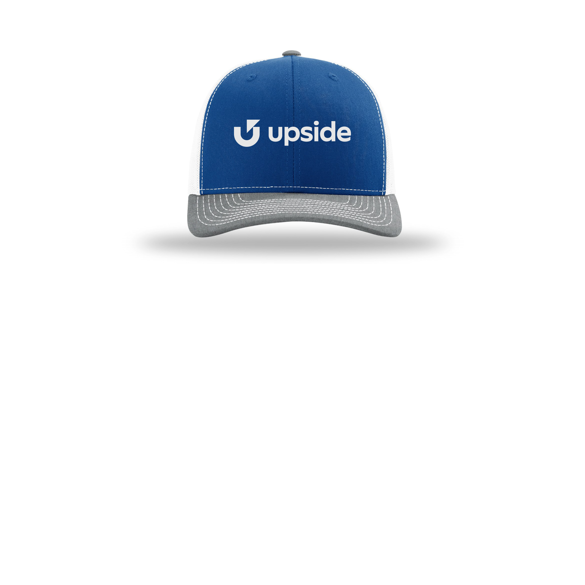 upside-richardson-trucker-cap-embroidery-capfront-R112-royalwhiteheathergrey-flat-front