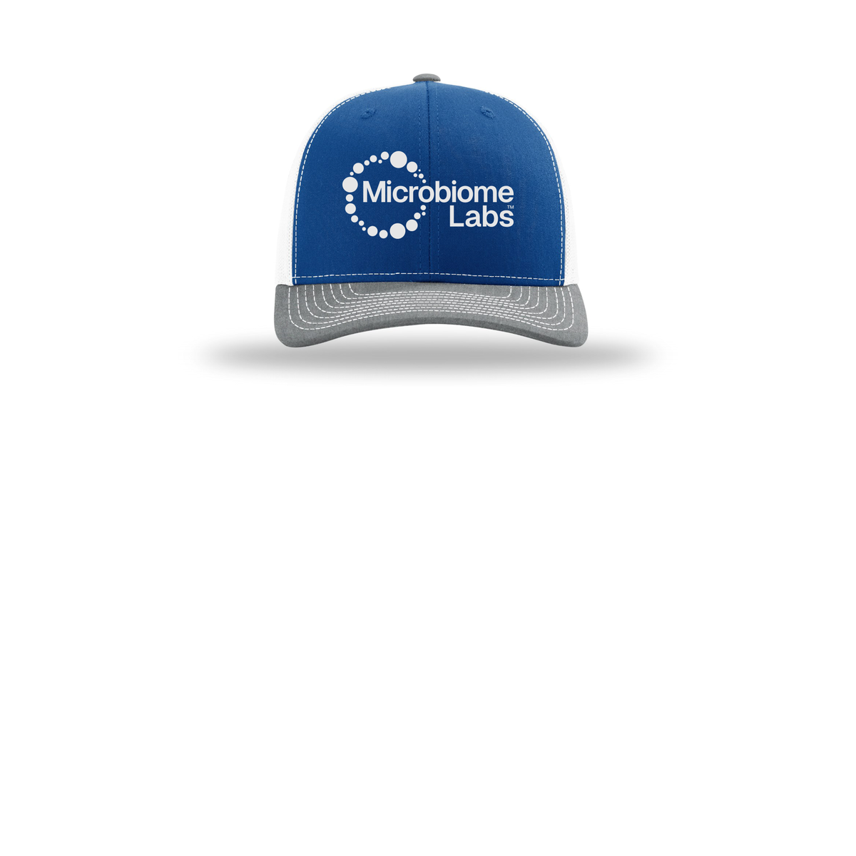 microbiomelabs-richardson-trucker-cap-embroidery-capfront-R112-royalwhiteheathergrey-flat-front