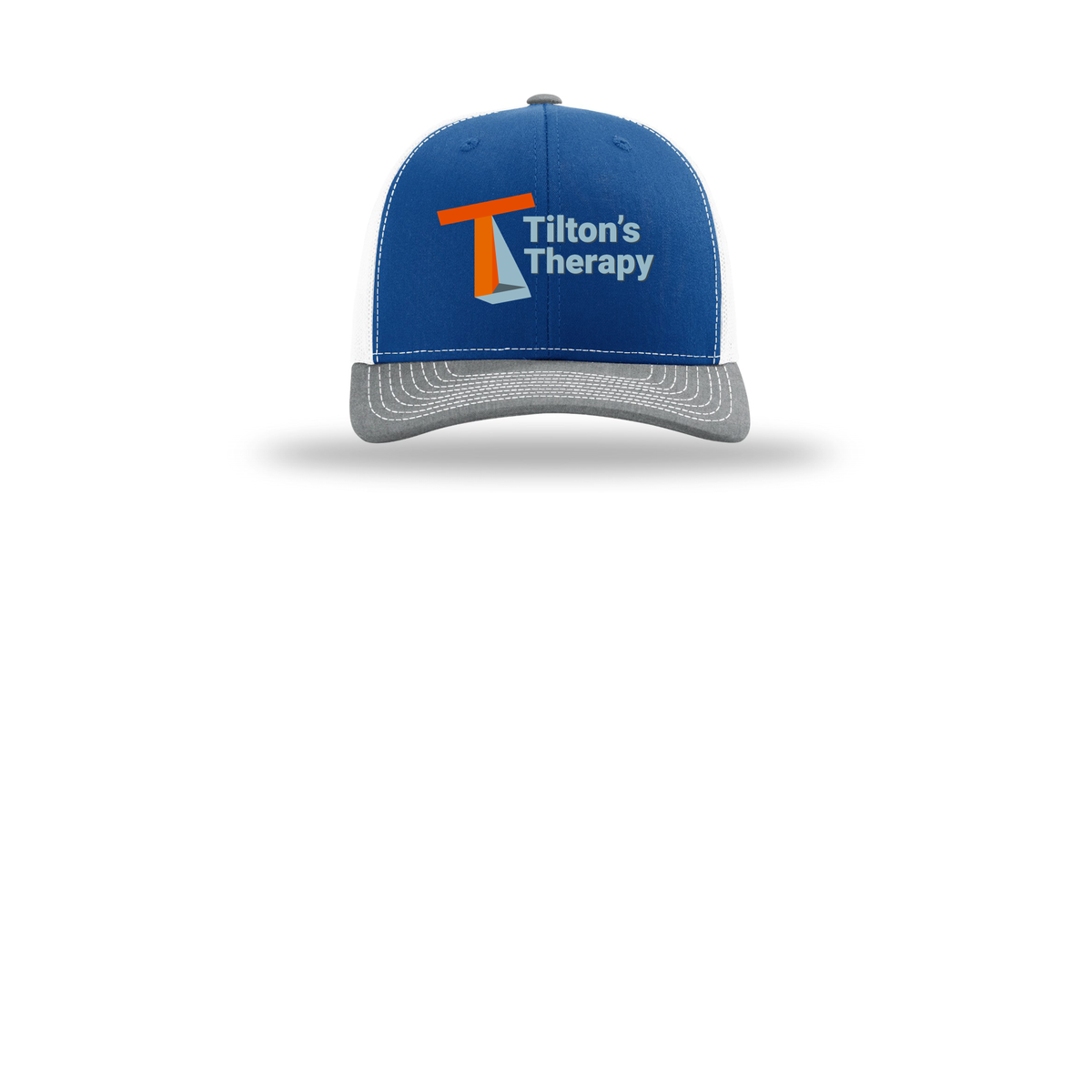 tiltonstherapy-richardson-trucker-cap-embroidery-capfront-R112-royalwhiteheathergrey-flat-front