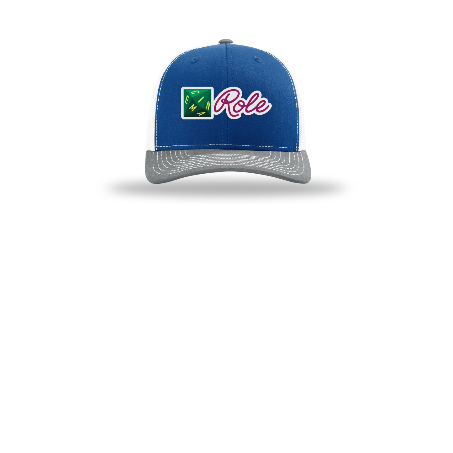cinemarole-richardson-trucker-cap-embroidery-capfront-R112-royalwhiteheathergrey-flat-front