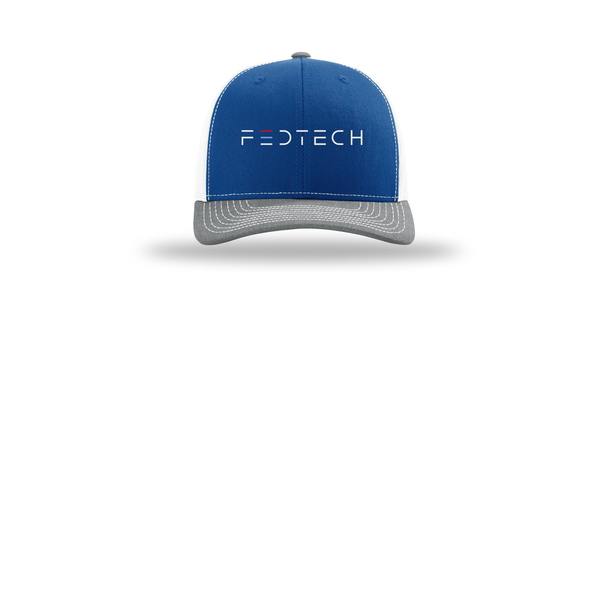 fedtech-richardson-trucker-cap-embroidery-capfront-R112-royalwhiteheathergrey-flat-front