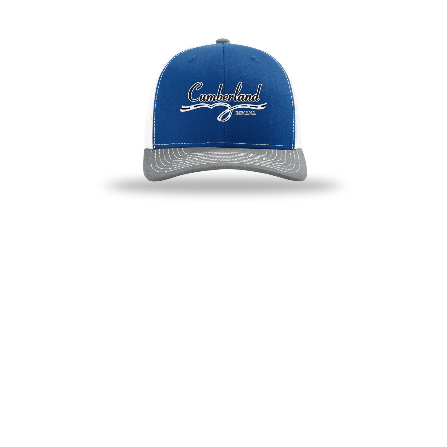 cumberland-richardson-trucker-cap-embroidery-capfront-R112-royalwhiteheathergrey-flat-front