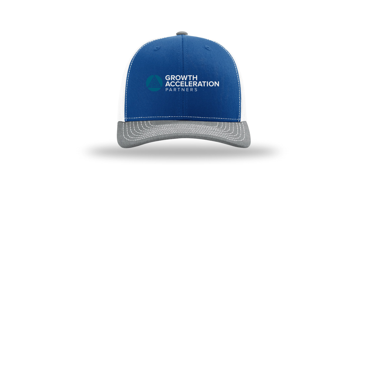 growthaccelerationpartners-richardson-trucker-cap-embroidery-capfront-R112-royalwhiteheathergrey-flat-front