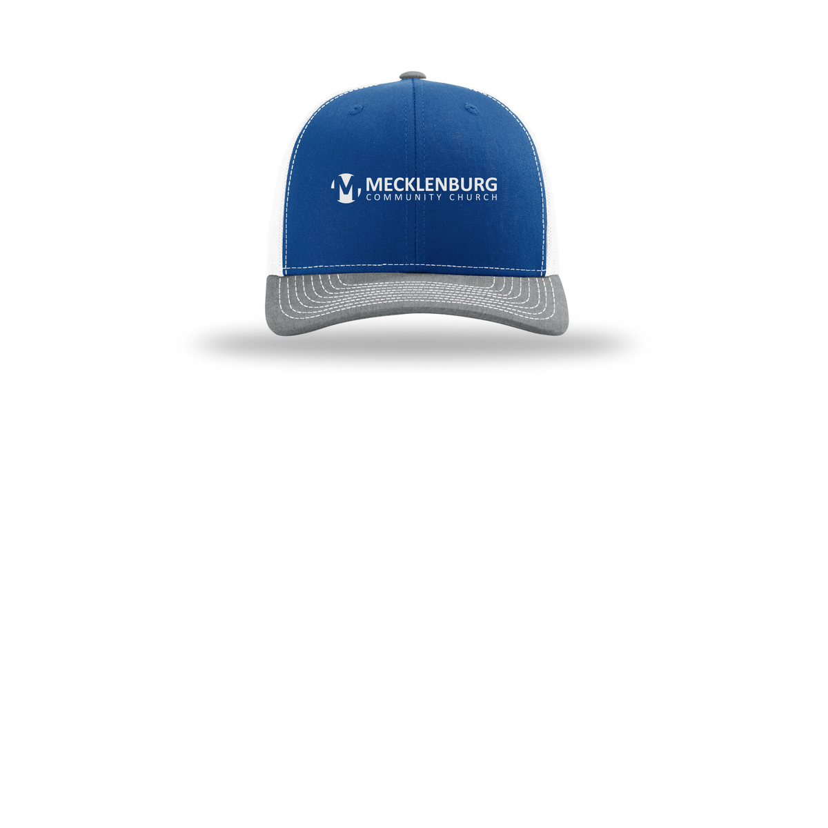mecklenburg-richardson-trucker-cap-embroidery-capfront-R112-royalwhiteheathergrey-flat-front