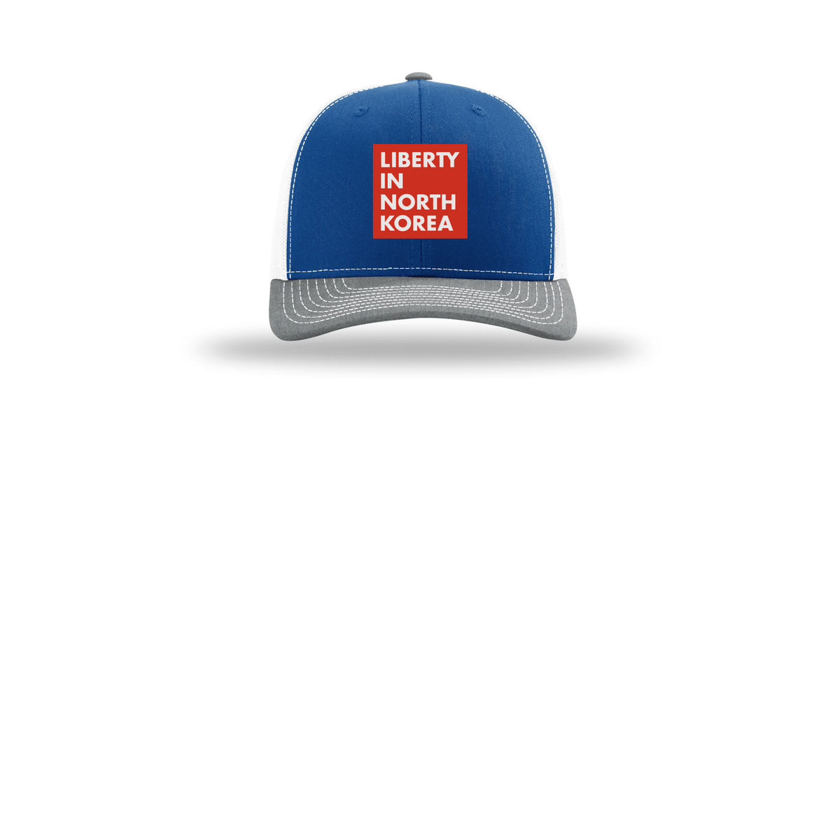 libertyinnorthkorea-richardson-trucker-cap-embroidery-capfront-R112-royalwhiteheathergrey-flat-front