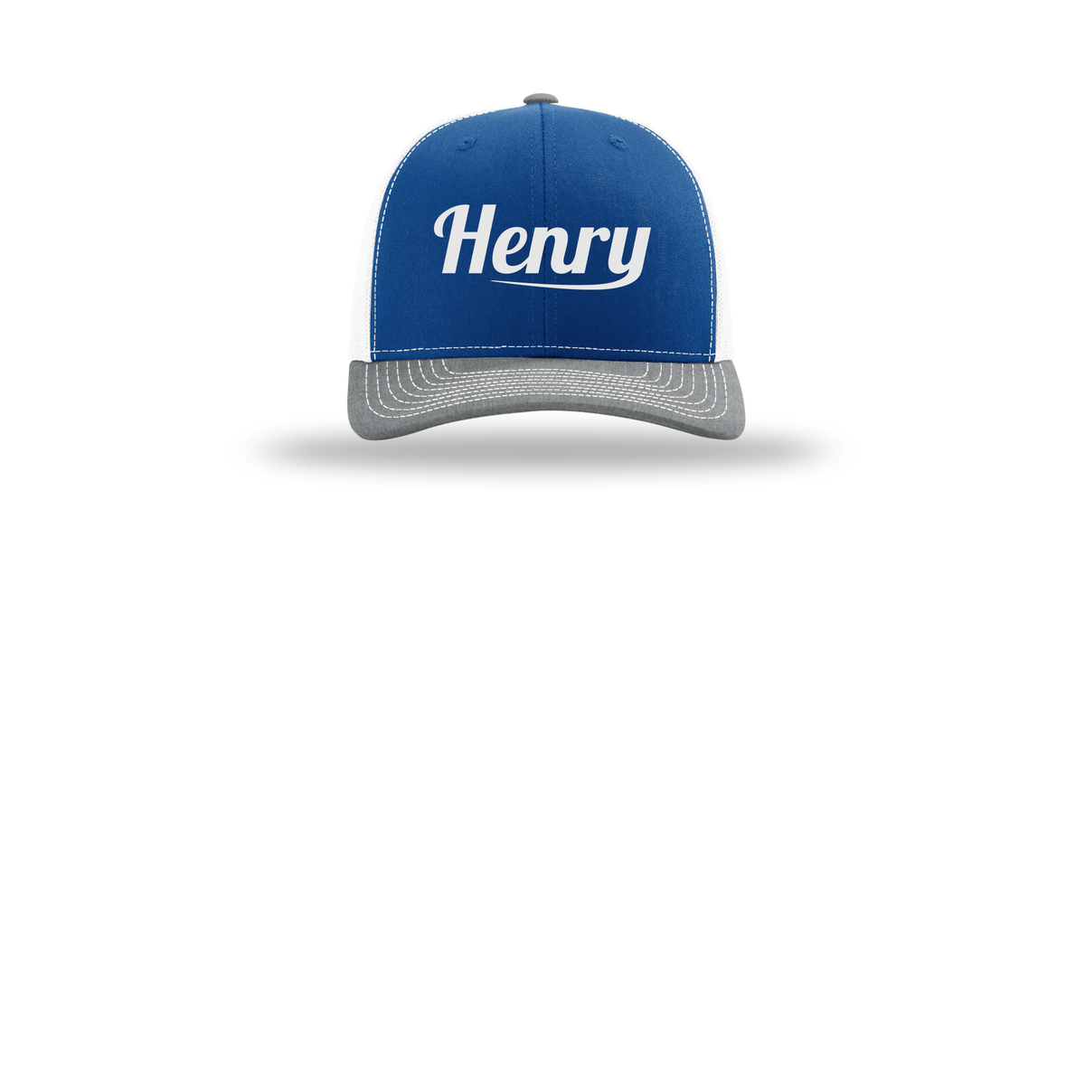 henrymeds-richardson-trucker-cap-embroidery-capfront-R112-royalwhiteheathergrey-flat-front