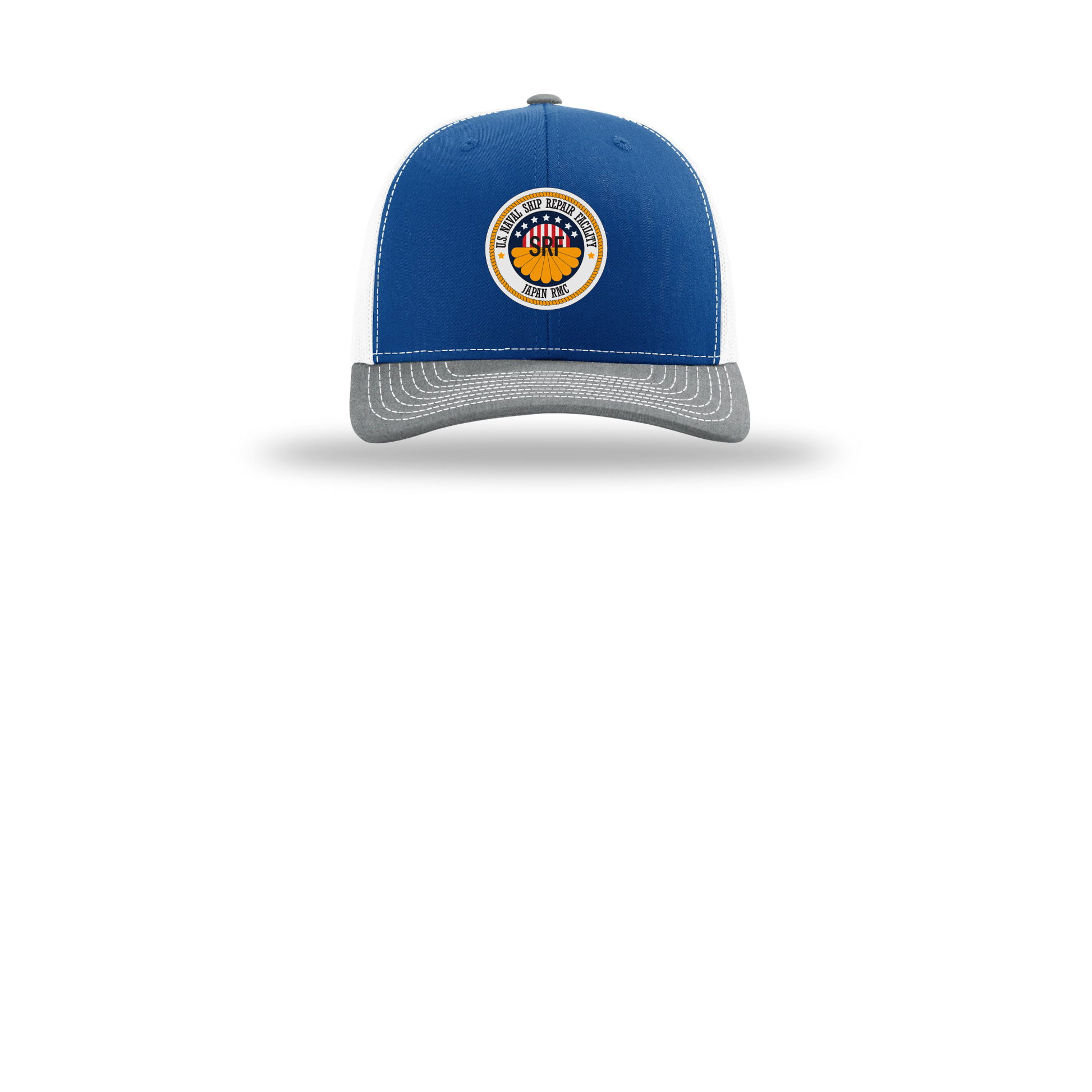 srf-jrmc-richardson-trucker-cap-embroidery-capfront-R112-royalwhiteheathergrey-flat-front