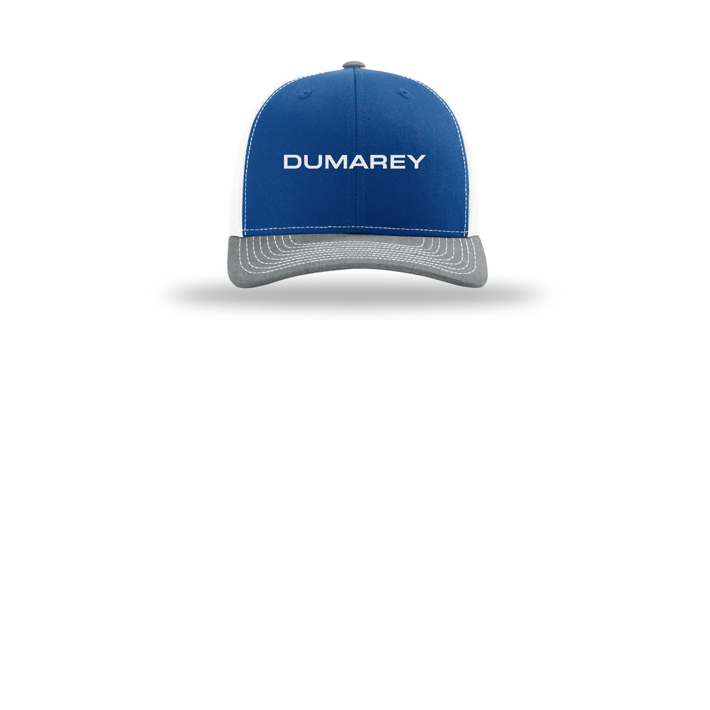 dumarey-richardson-trucker-cap-embroidery-capfront-R112-royalwhiteheathergrey-flat-front