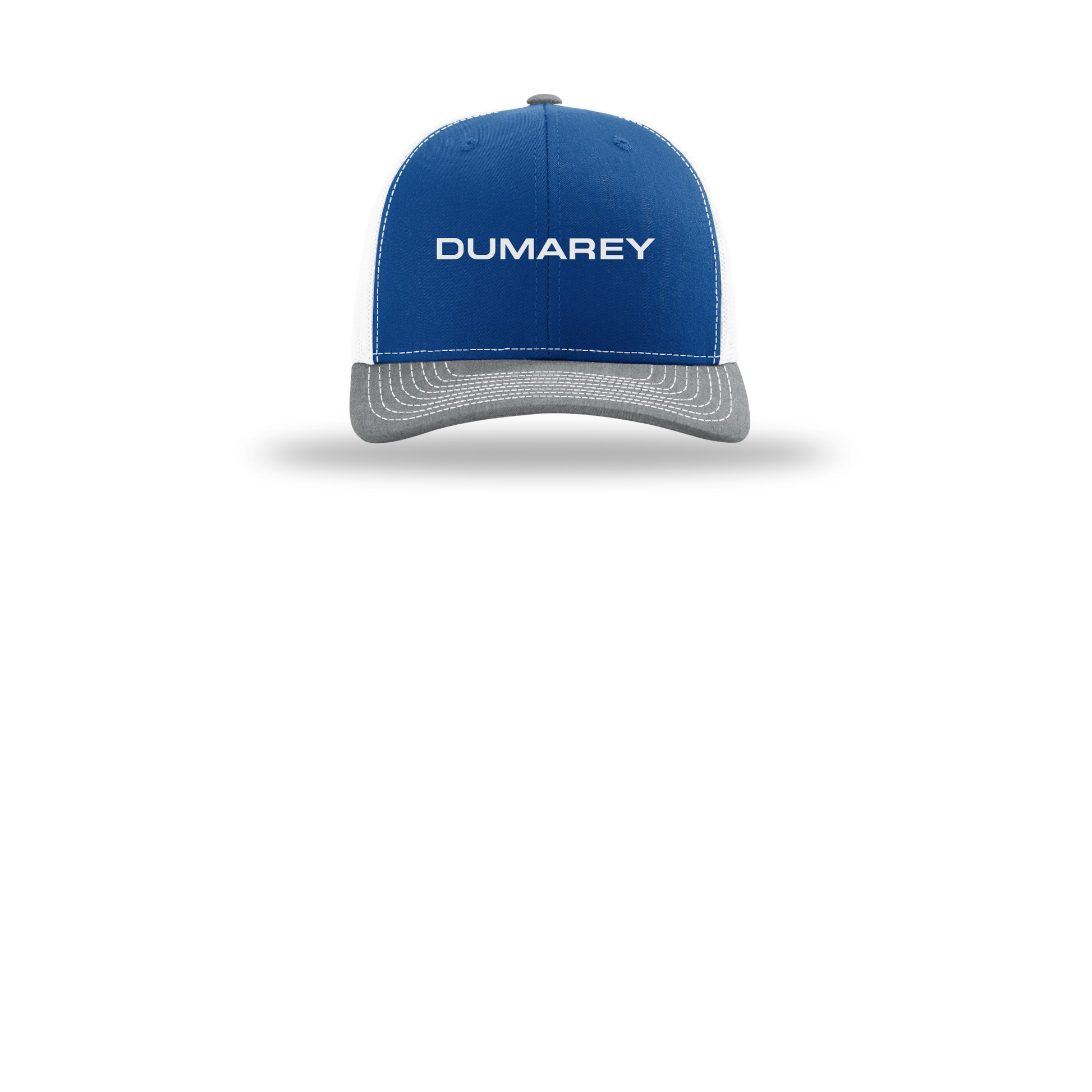 dumarey-richardson-trucker-cap-embroidery-capfront-R112-royalwhiteheathergrey-flat-front