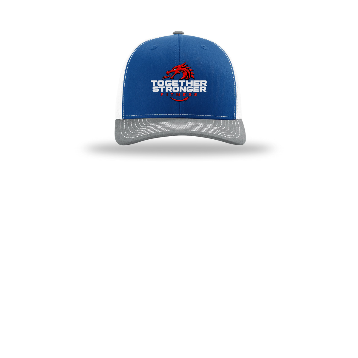 togetherstrongerfitness-richardson-trucker-cap-embroidery-capfront-R112-royalwhiteheathergrey-flat-front