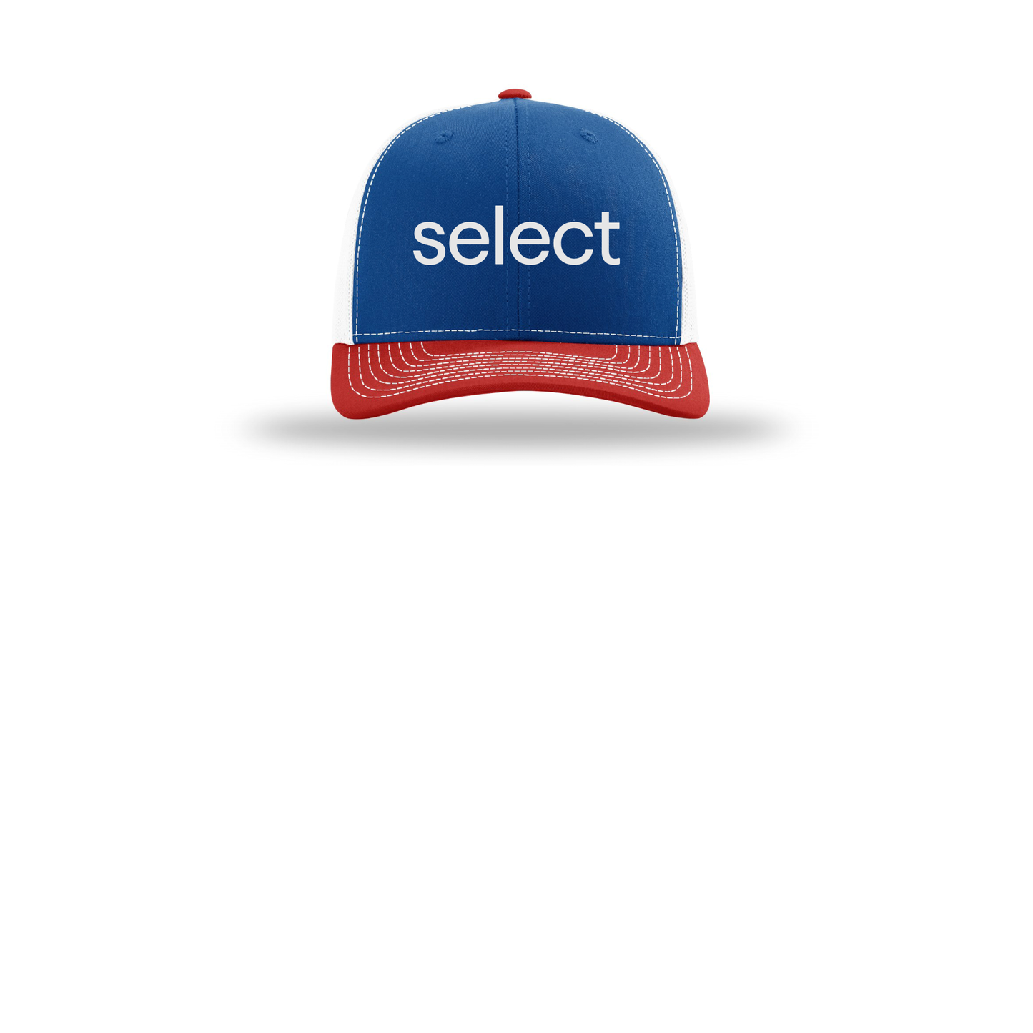 meetselect-richardson-trucker-cap-embroidery-capfront-R112-royalwhitered-flat-front