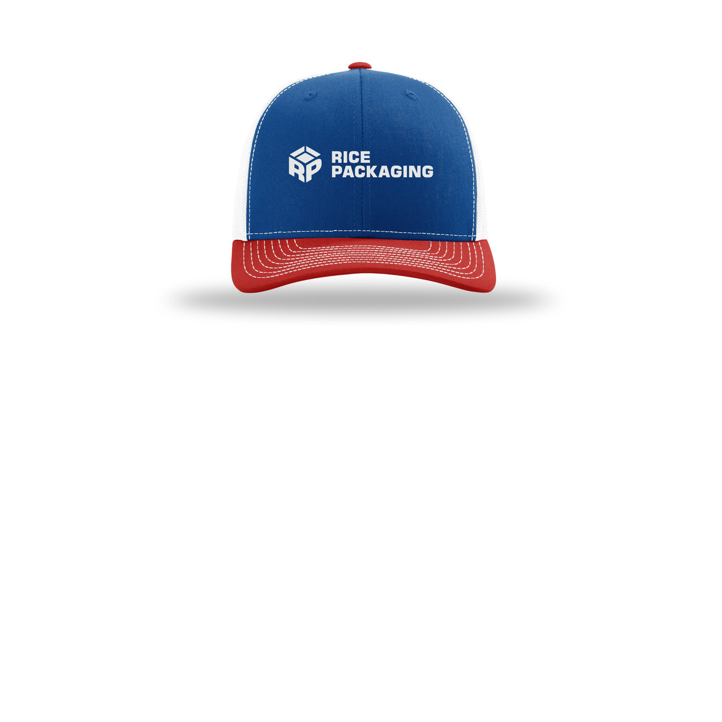 ricepackaging-richardson-trucker-cap-embroidery-capfront-R112-royalwhitered-flat-front