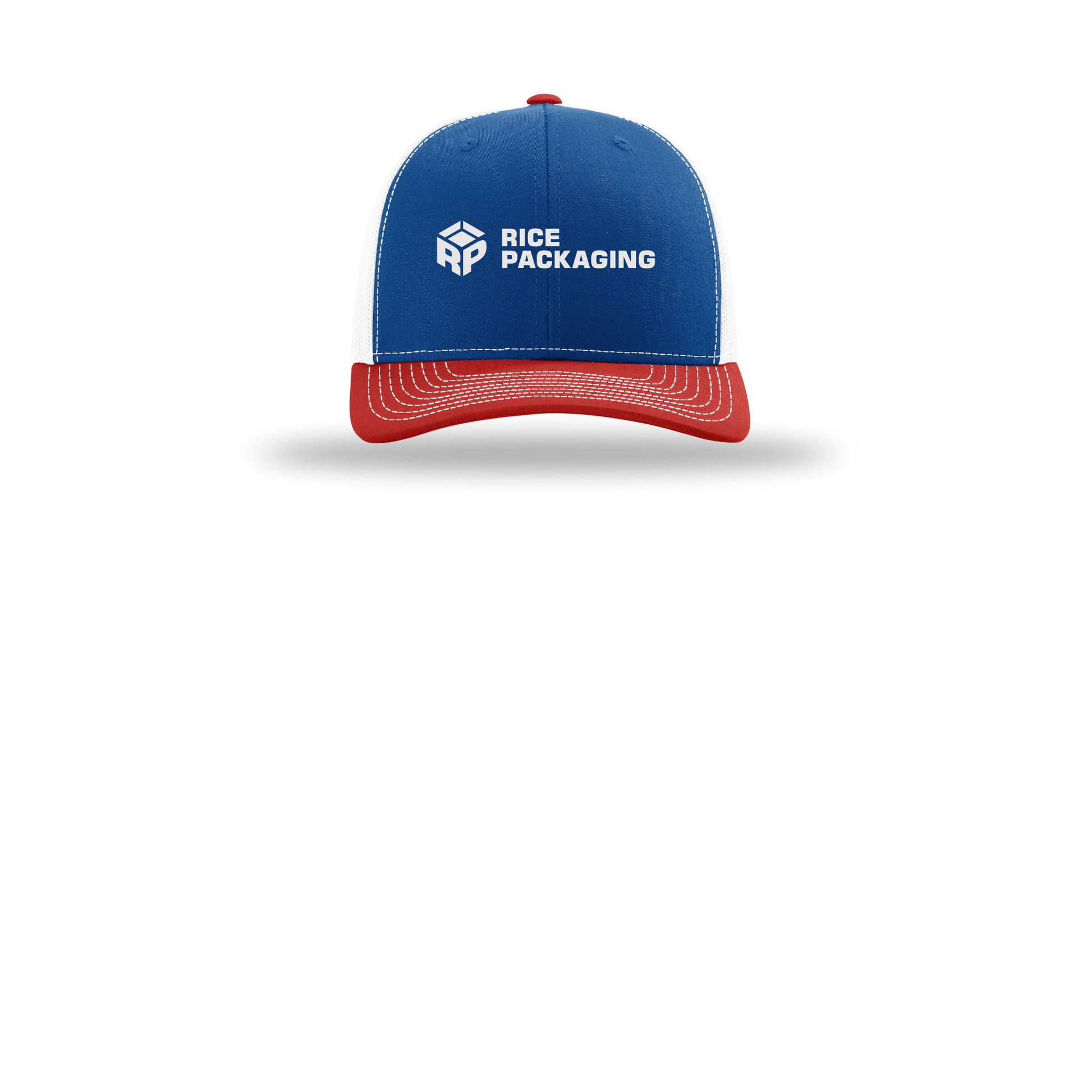 ricepackaging-richardson-trucker-cap-embroidery-capfront-R112-royalwhitered-flat-front
