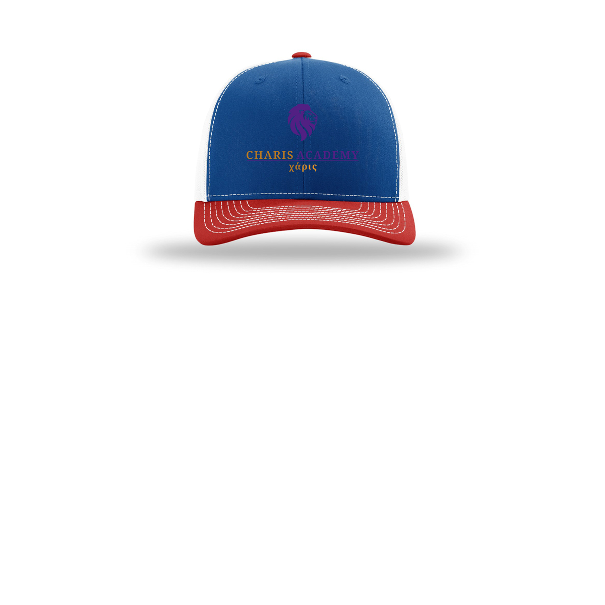 cahazleton-richardson-trucker-cap-embroidery-capfront-R112-royalwhitered-flat-front