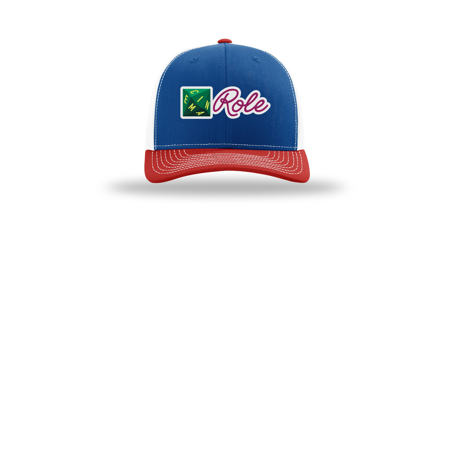 cinemarole-richardson-trucker-cap-embroidery-capfront-R112-royalwhitered-flat-front