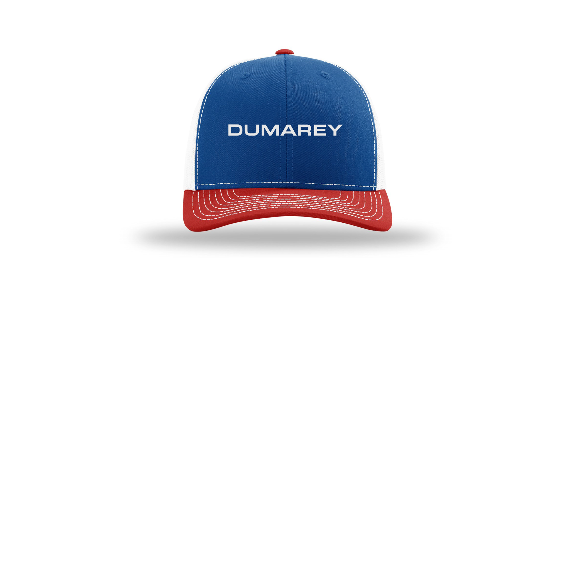 dumarey-richardson-trucker-cap-embroidery-capfront-R112-royalwhitered-flat-front