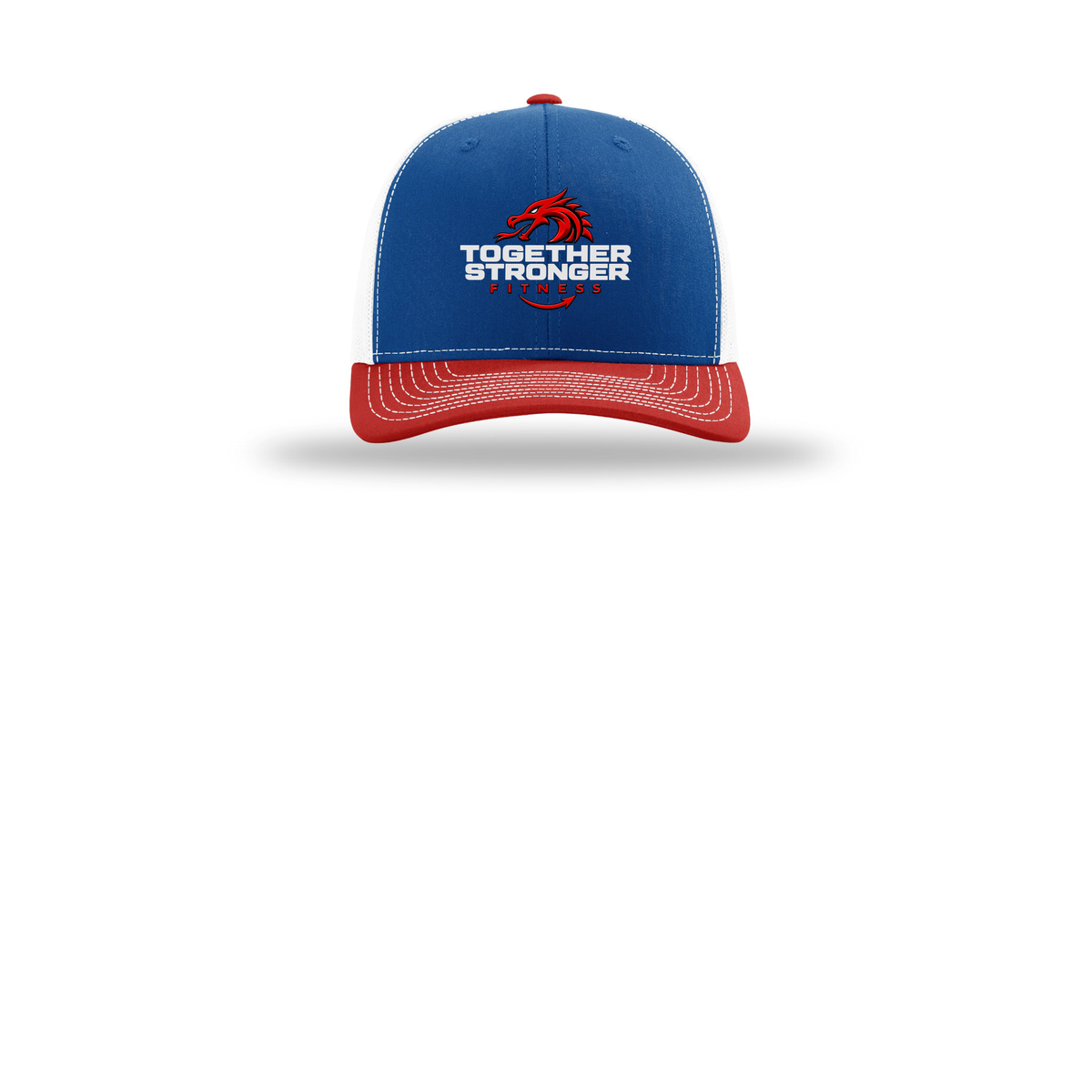 togetherstrongerfitness-richardson-trucker-cap-embroidery-capfront-R112-royalwhitered-flat-front