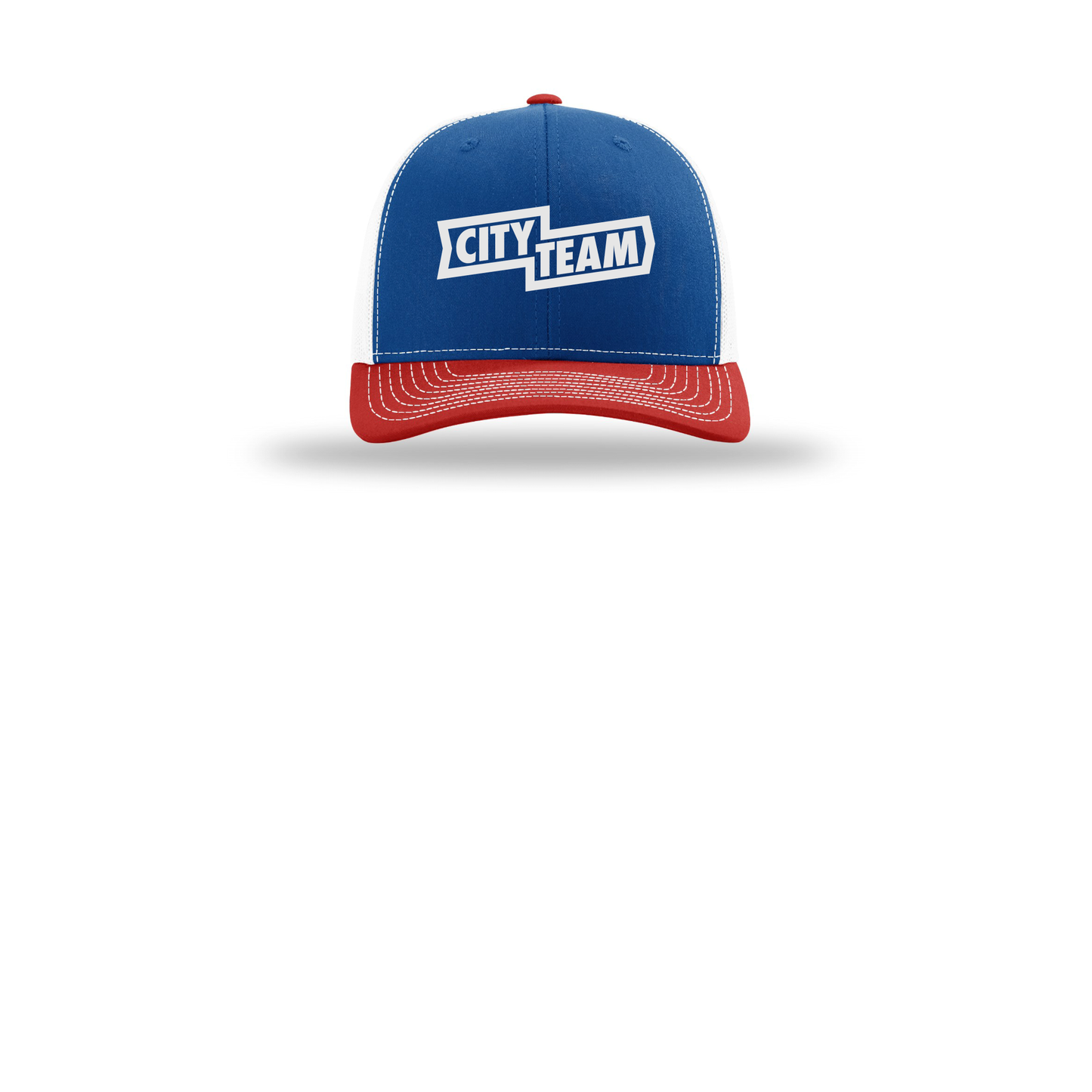 cityteam-richardson-trucker-cap-embroidery-capfront-R112-royalwhitered-flat-front