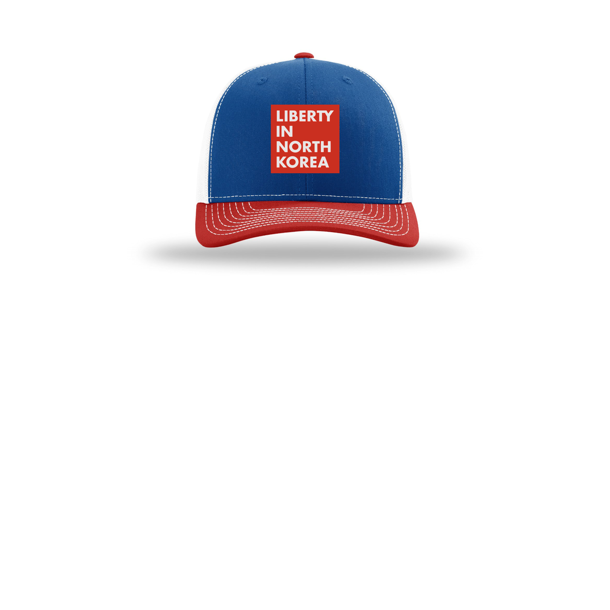 libertyinnorthkorea-richardson-trucker-cap-embroidery-capfront-R112-royalwhitered-flat-front