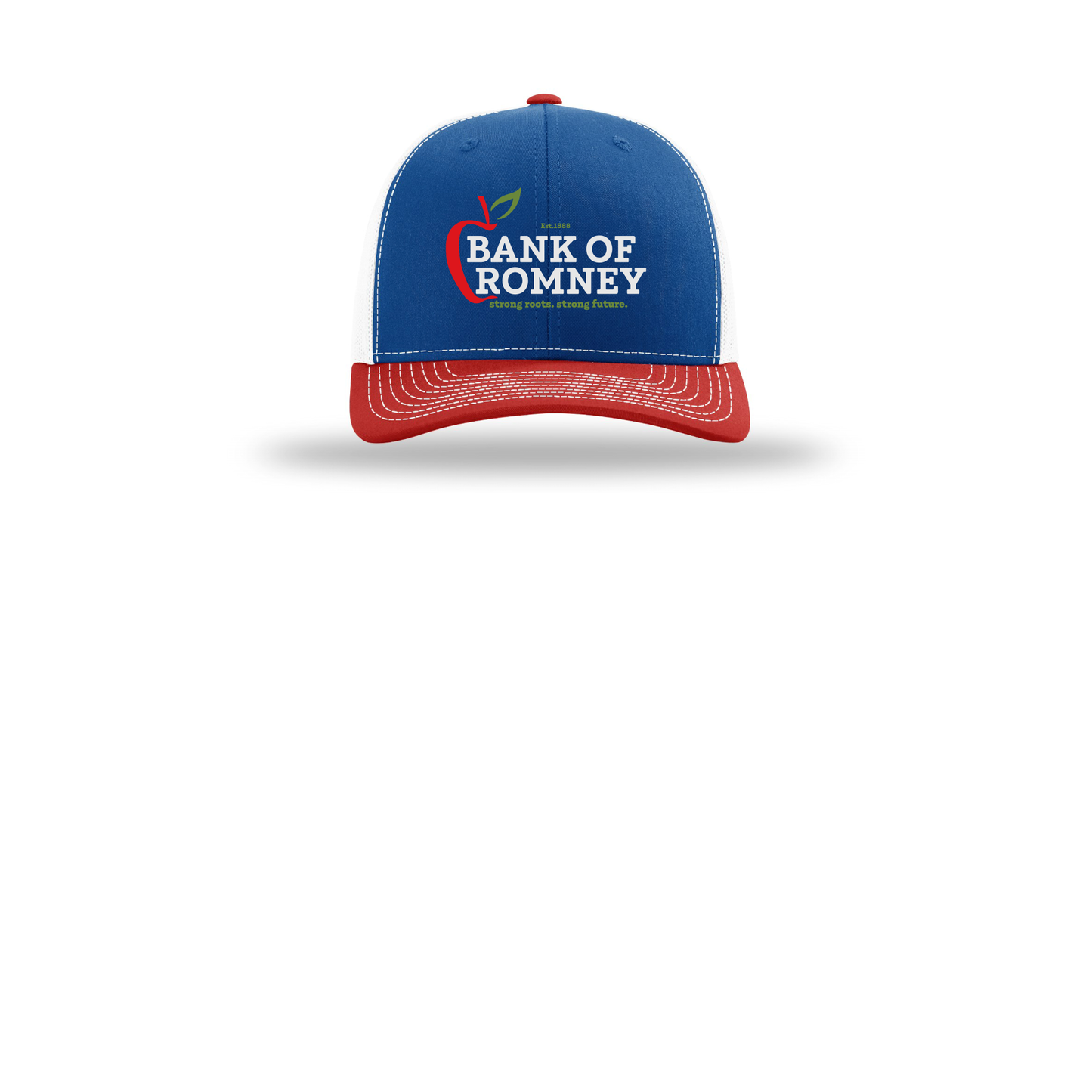 bankofromney-richardson-trucker-cap-embroidery-capfront-R112-royalwhitered-flat-front