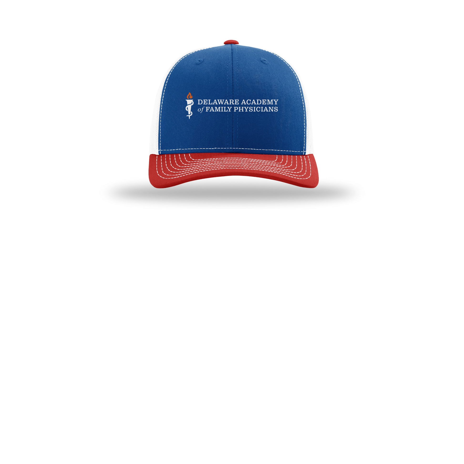 delfamdoc-richardson-trucker-cap-embroidery-capfront-R112-royalwhitered-flat-front