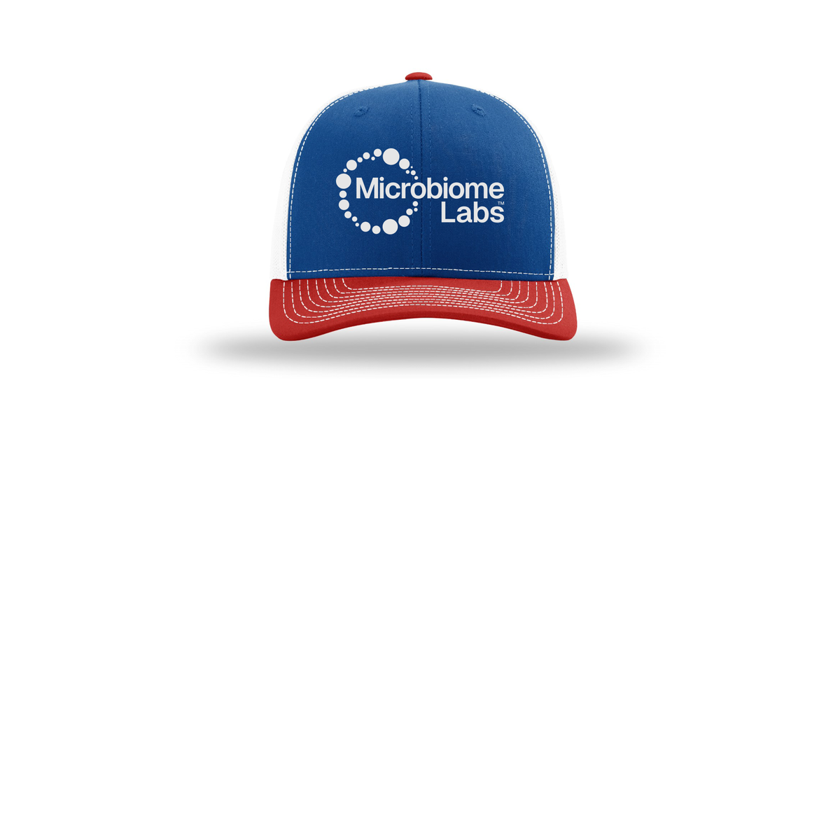 microbiomelabs-richardson-trucker-cap-embroidery-capfront-R112-royalwhitered-flat-front